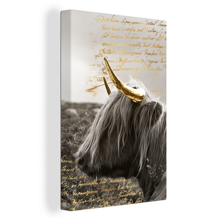 OneMillionCanvasses® Leinwandbild Schottischer Highlander - Gold - Text (1 St) Leinwand Bilder für Wohnzimmer Schlafzimmer