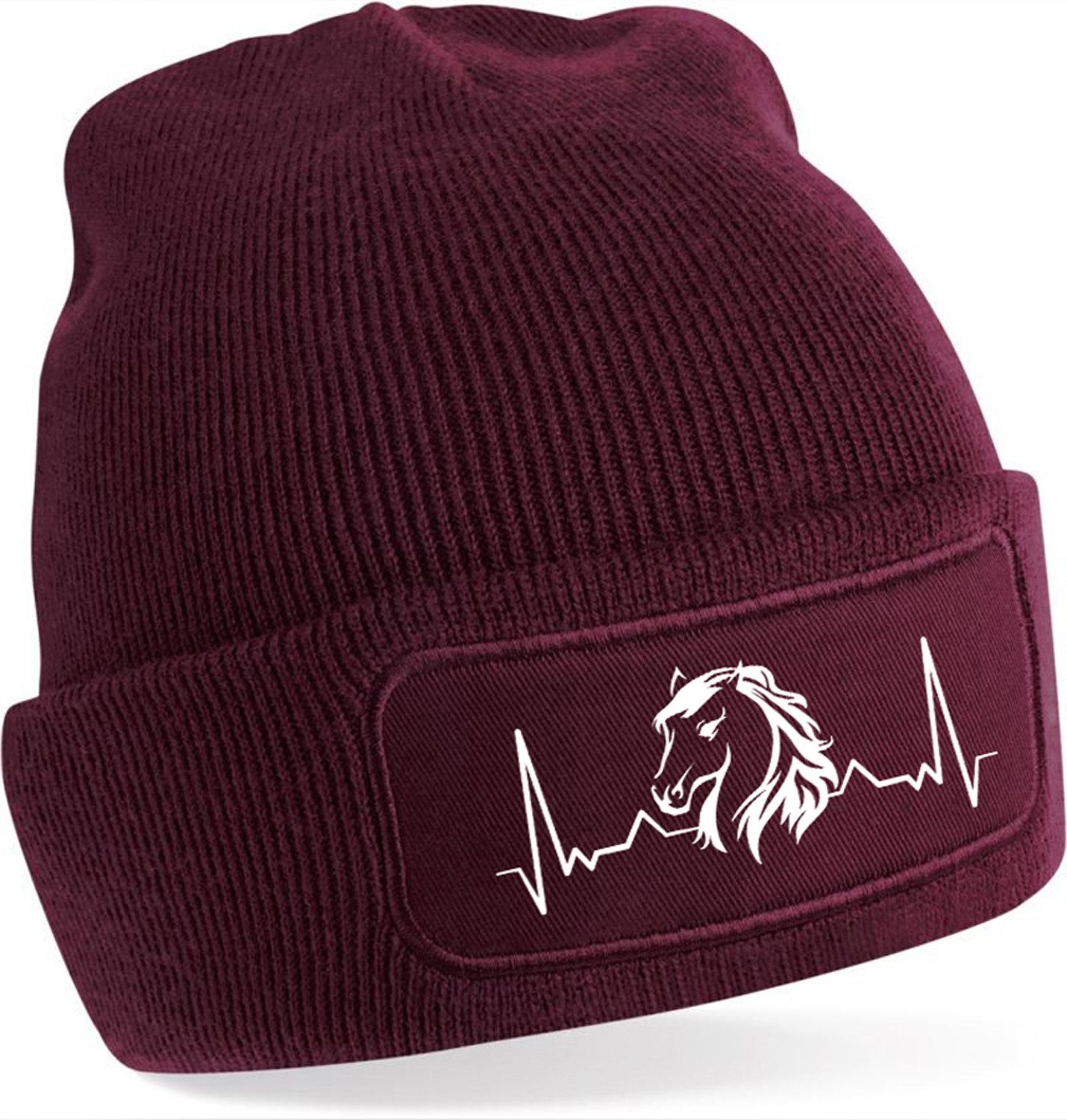 Strickmütze für kalte Tage - Beanie mit Umschlag und Herzschlag Pferde Print