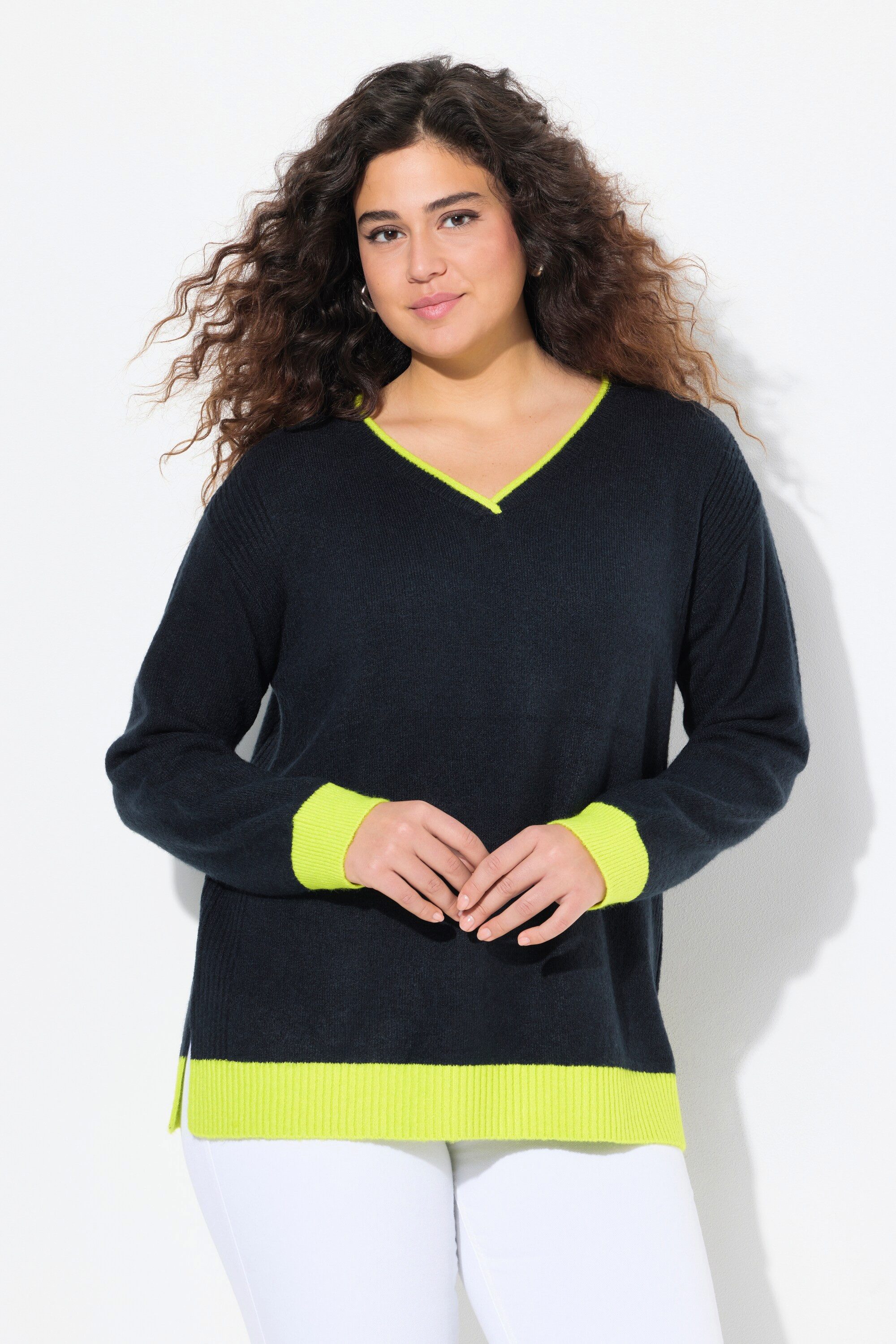 Ulla Popken Strickpullover Pullover Neon-Bündchen V-Ausschnitt günstig online kaufen