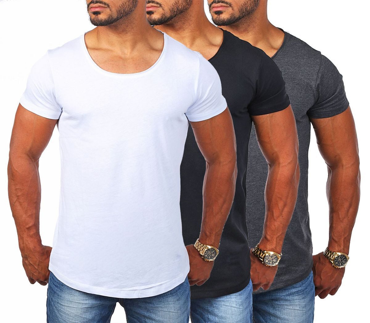 Young & Rich T-Shirt Herren Uni Basic rundhals Ausschnitt vintage Look Unterziehshirt 1702 Rundhalsauschnitt unifarben kurzarm slim fit