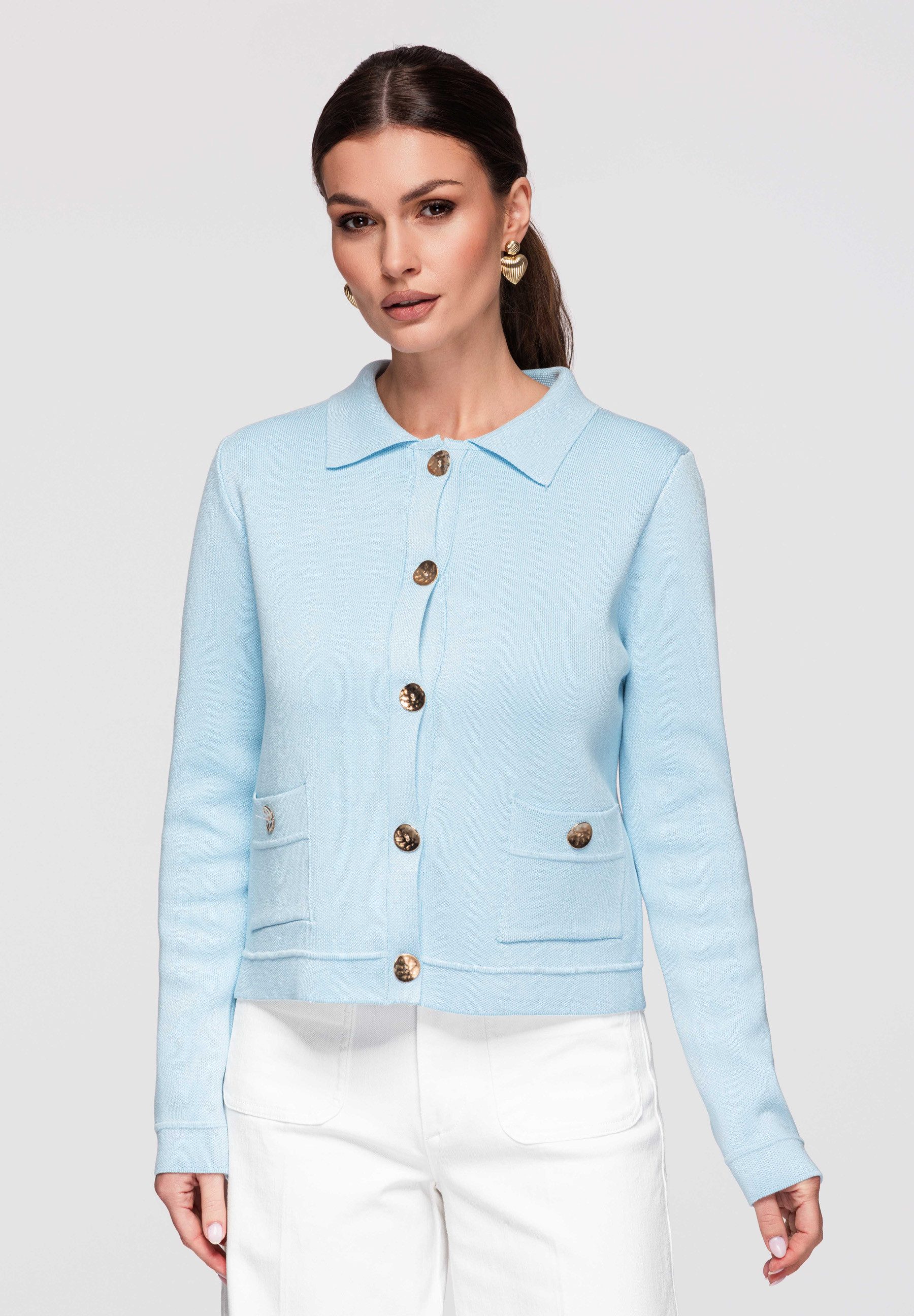 OMBRE Rundhalspullover Strickjacke Mittellang Figurbetont Elegant Blau S (kein Set, 1-tlg) Aufgesetzte Taschen mit Patten