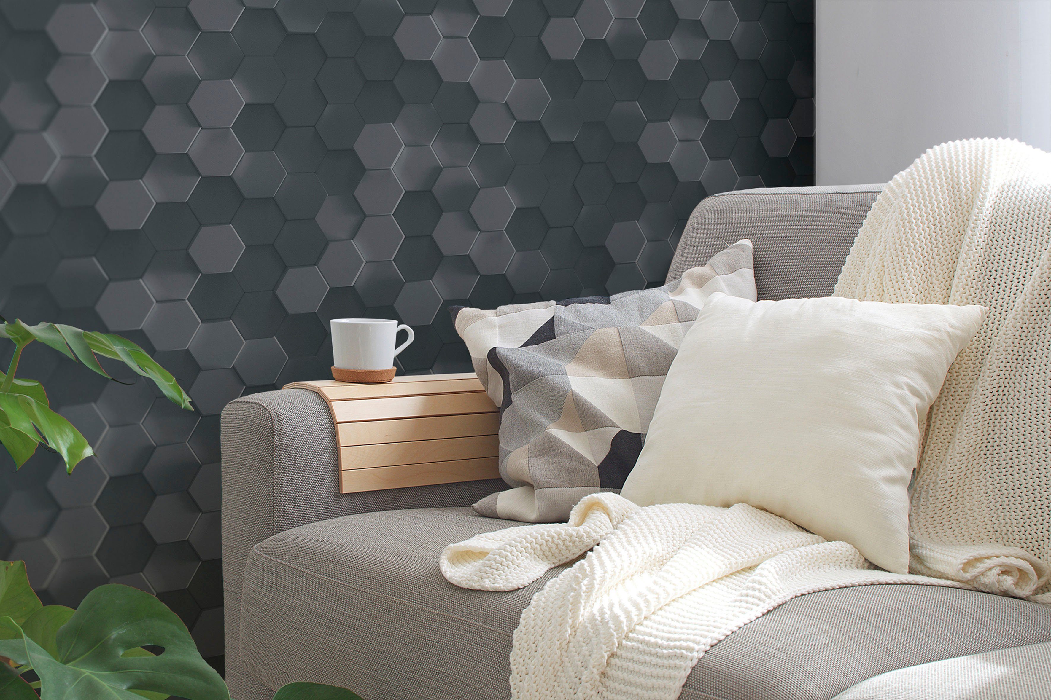 Bricoflor 3D Tapete anthrazit Ideal für Büro und Schlafzimmer Hexagon Tapet günstig online kaufen
