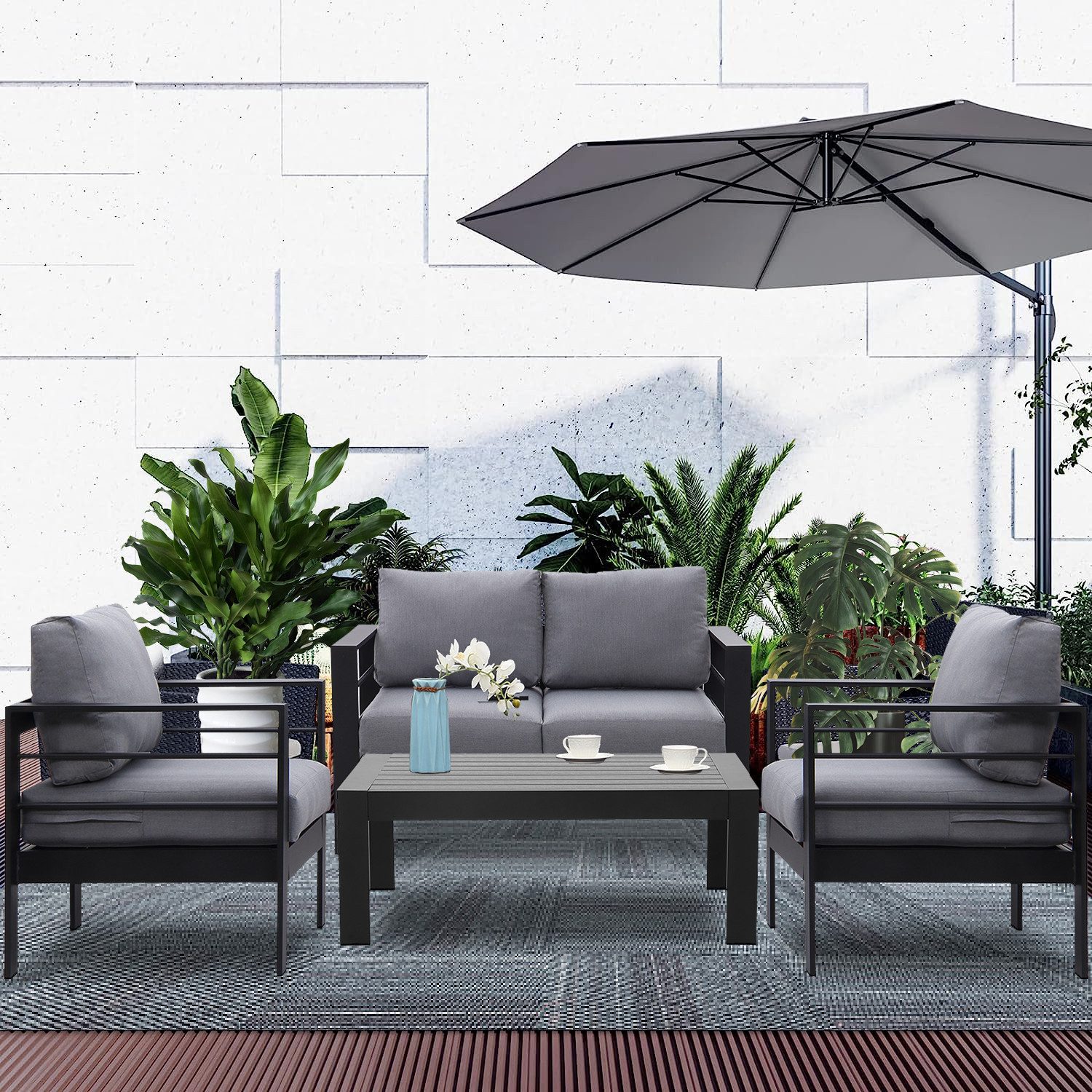MeXo Gartenlounge-Set Gartenmöbel Set Aluminium Loungeset für Terrasse Balkon, (Set, 1×2-Sitzer Sofa, 2×Sessel, 1×Tisch, 8×Auflagen), wetterfest Sitzgruppe Gartengarnitur für 3-4 Personen
