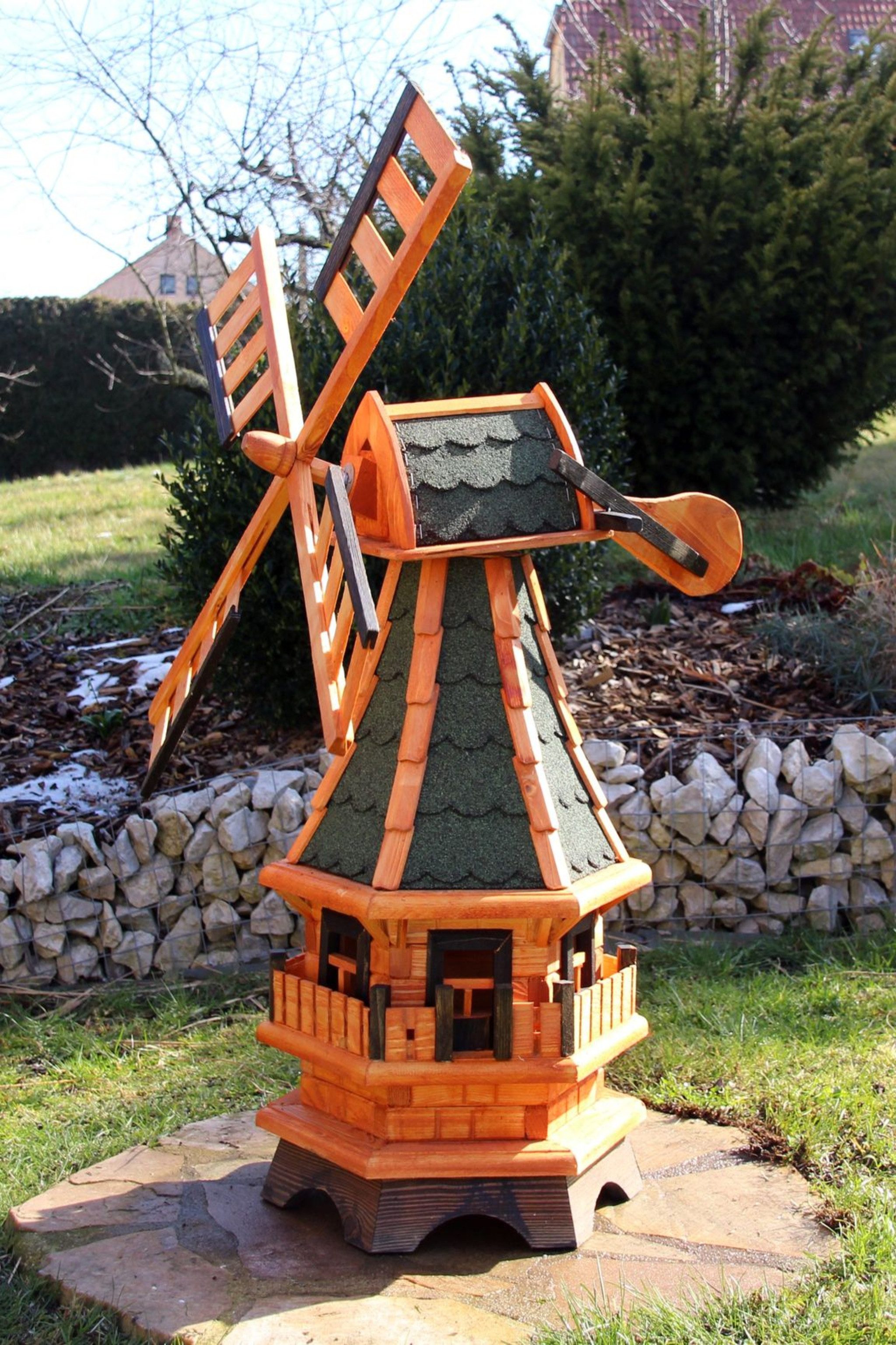 Holzdekoladen Deko-Windrad Gartenwindmühle Holz mit Solarlicht Weiß – drehbare Flügel 99 cm