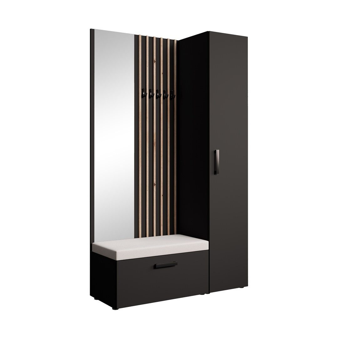 Beautysofa Garderoben-Set MARGARET Flurgarderobe mit Spiegel, (Kleiderschrank, Schuhschrank, Sitzbank, Kleiderstange, Flurmöbel-Set mit Lamellen), verschiedene Farben und Breiten