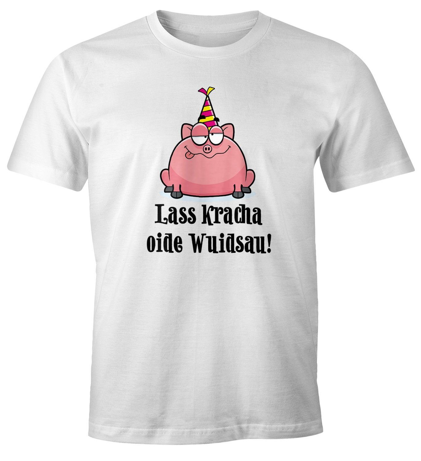MoonWorks Print-Shirt Herren T-Shirt Geburtstag Schwein Spruch Lass kracha oide Wuidsau Fun-Shirt Geschenk Moonworks® mit Print weiß