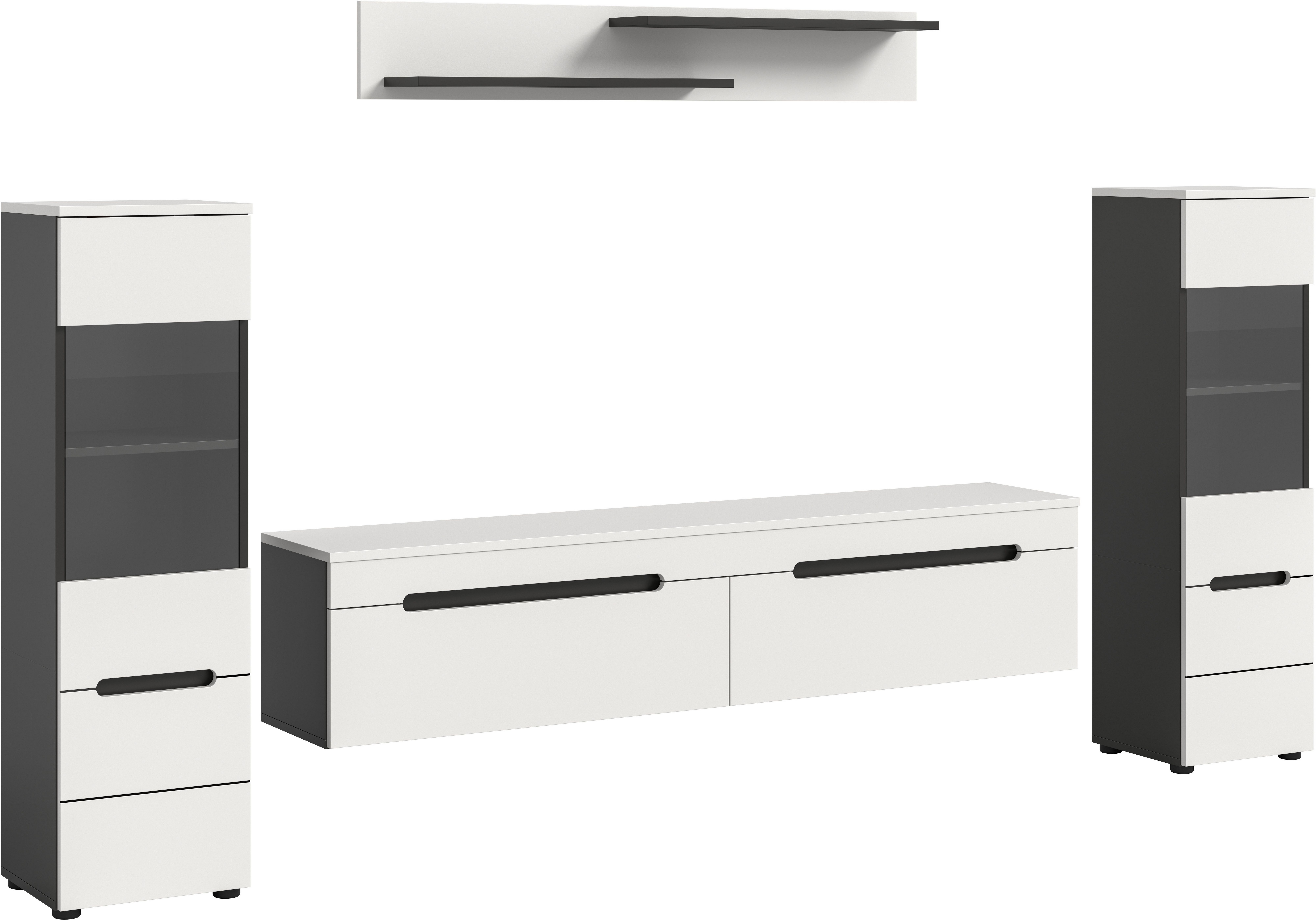 INOSIGN Wohnwand REHAT, TOPSELLER!, 4-teilig, wahlweise stehend und hängend montierbar, (3-St., Set bestehend aus: 2x Vitrine, Lowboard und Wandboard), Kombination, Anbauwand, Set, Wohn-Set, Wohnzimmer-Set, Schrankwand