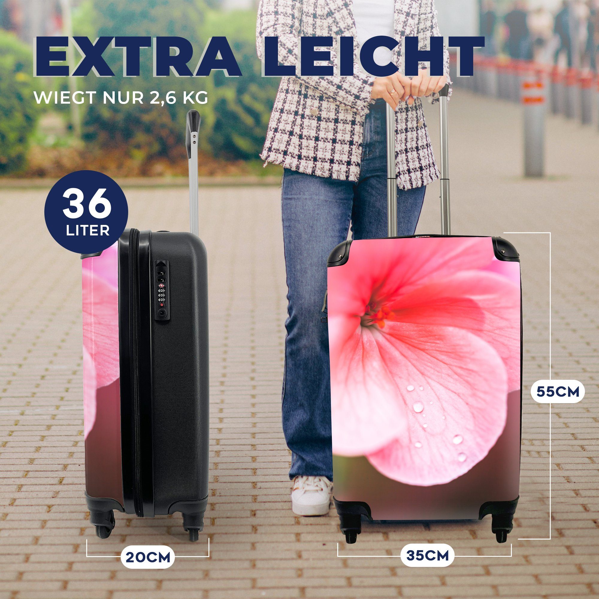 Reisekoffer Handgepäckkoffer rosa mit Rollen, Wassertropfen für der Geranie, rollen, Reisetasche Ferien, auf Trolley, 4 MuchoWow Handgepäck