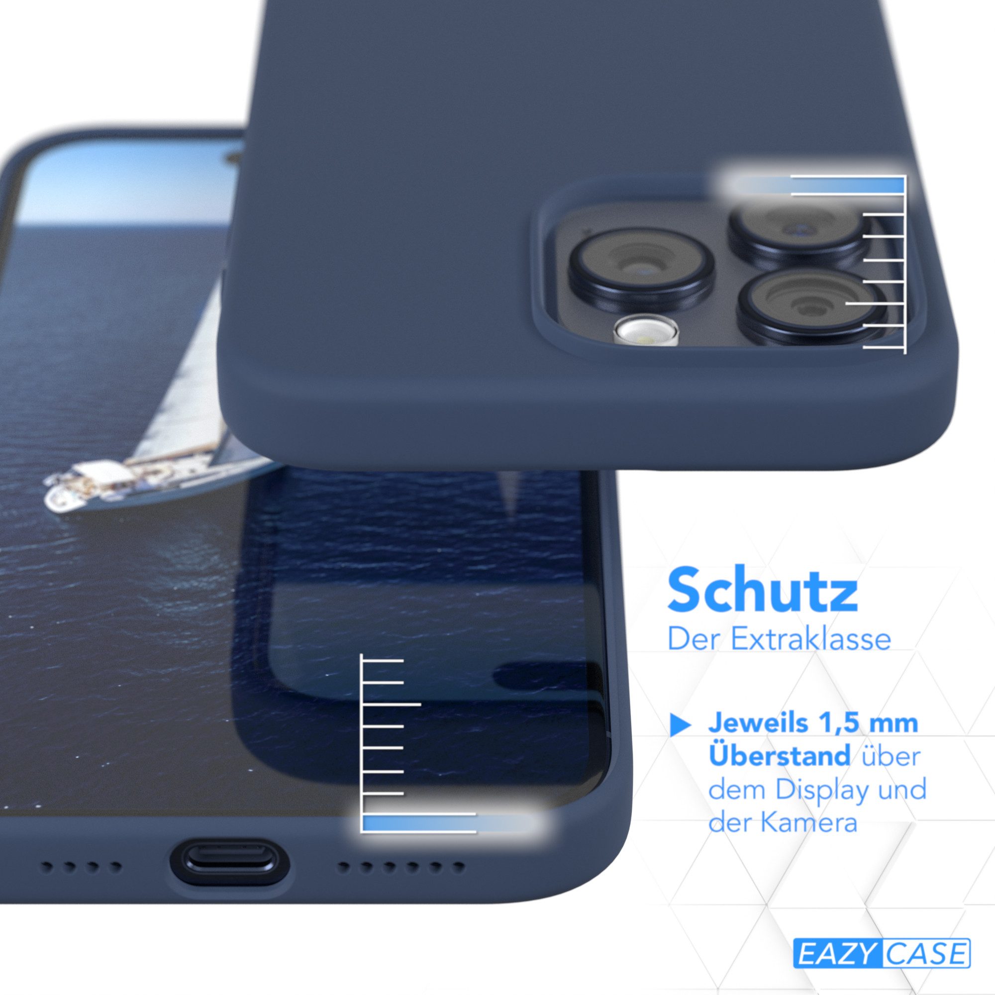EAZY CASE Handyhülle Premium Silikon Case für Apple iPhone 15 Pro Max 6,7 Zoll, Hülle mit Kameraschutz Slimcover mit Displayschutz Back Cover Blau