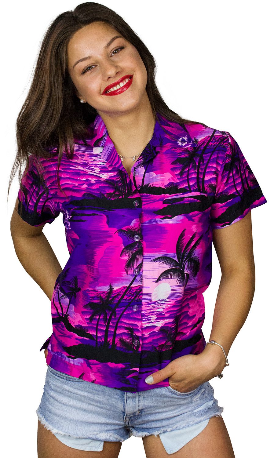 Hawaiihemd Surf Funky Hawaiibluse Damen Kurzarm Front-Tasche Stylish