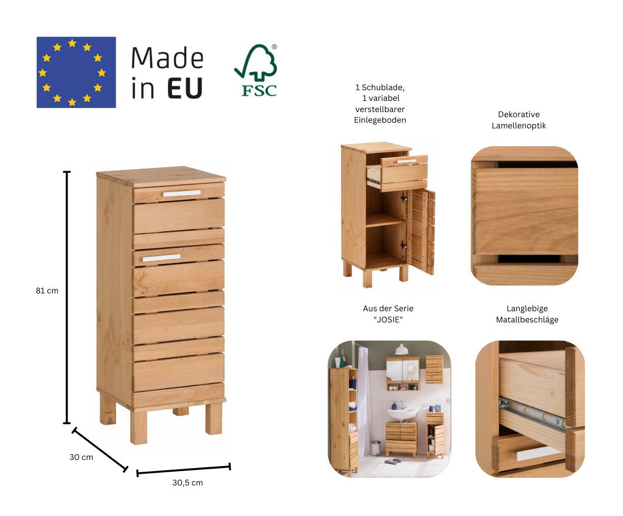 Home affaire Unterschrank JOSIE Breite 30,5 cm, aus Massivholz, verstellbarer Einlegeboden