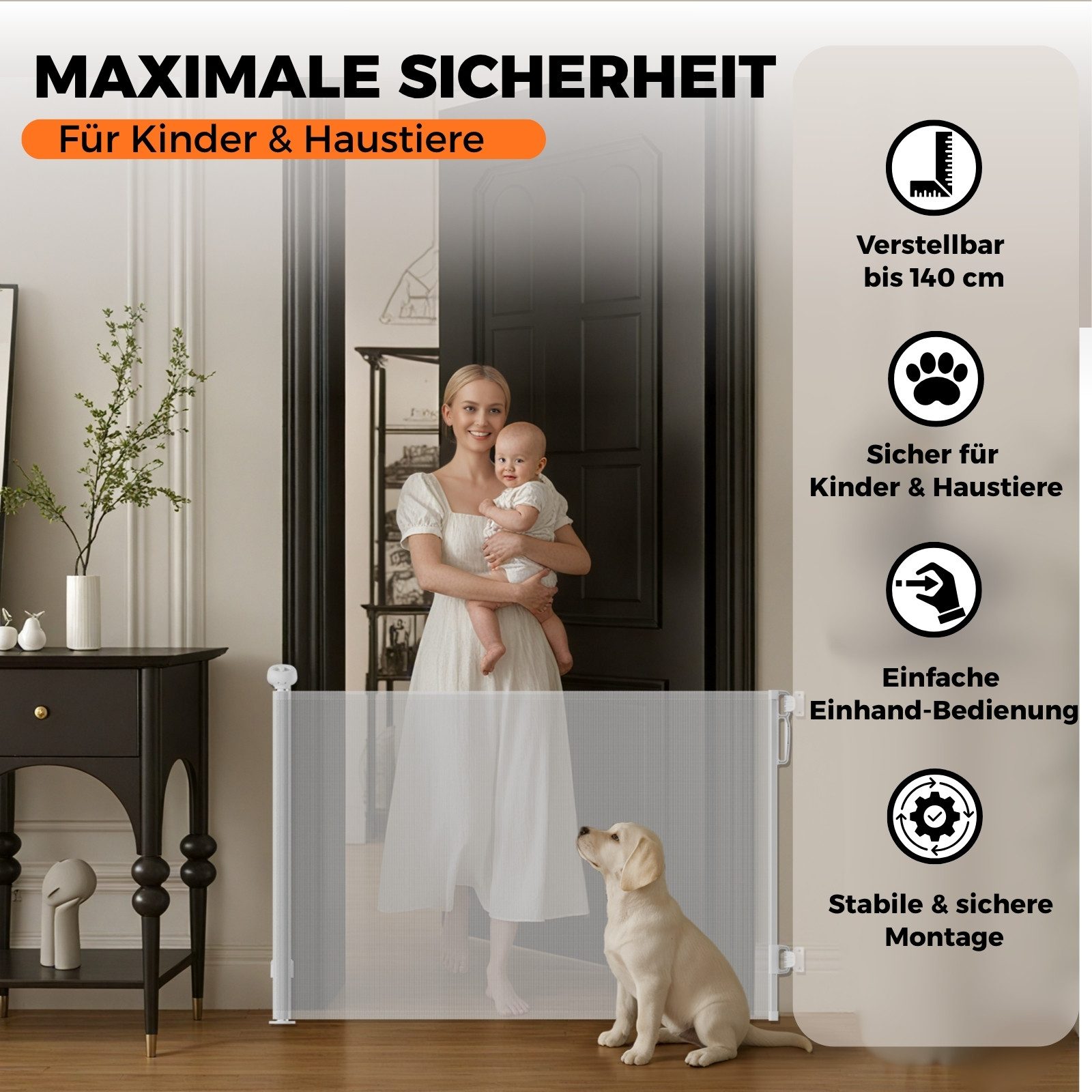 Allyson Treppenschutzgitter Türschutzgitter Ausziehbar, Tür & Treppengitter für Kinder & Haustiere (Inklusive Befestigungsmaterial für zwei unterschiedliche Positionen), Platzsparend ausziehbar bis 140cm, robustes PVC-Netz für Kind & Hund