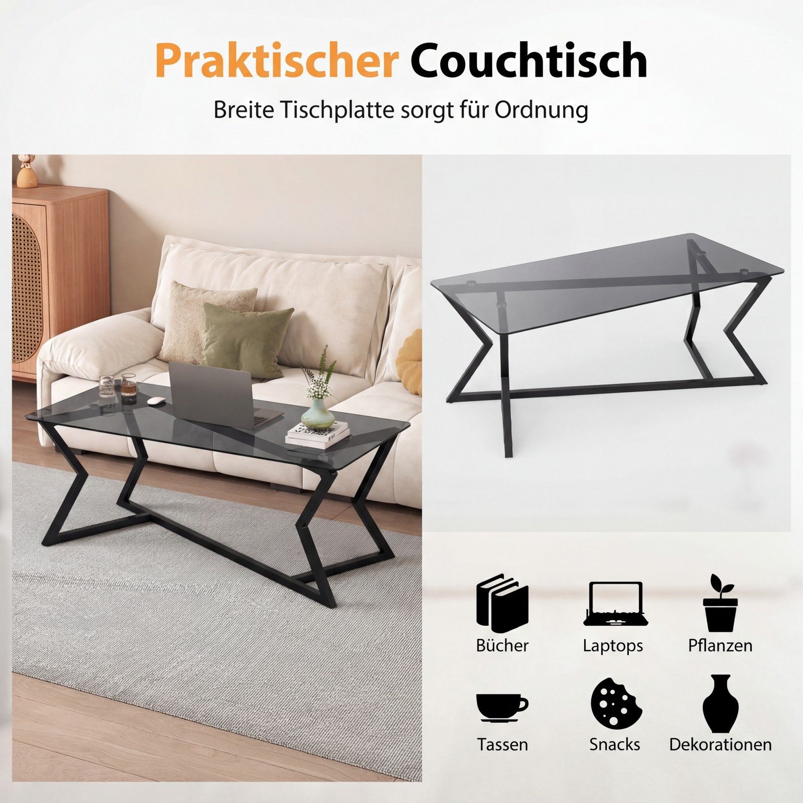 COSTWAY Couchtisch, Glastisch esszimmer, Wohnzimmertisch schwarz