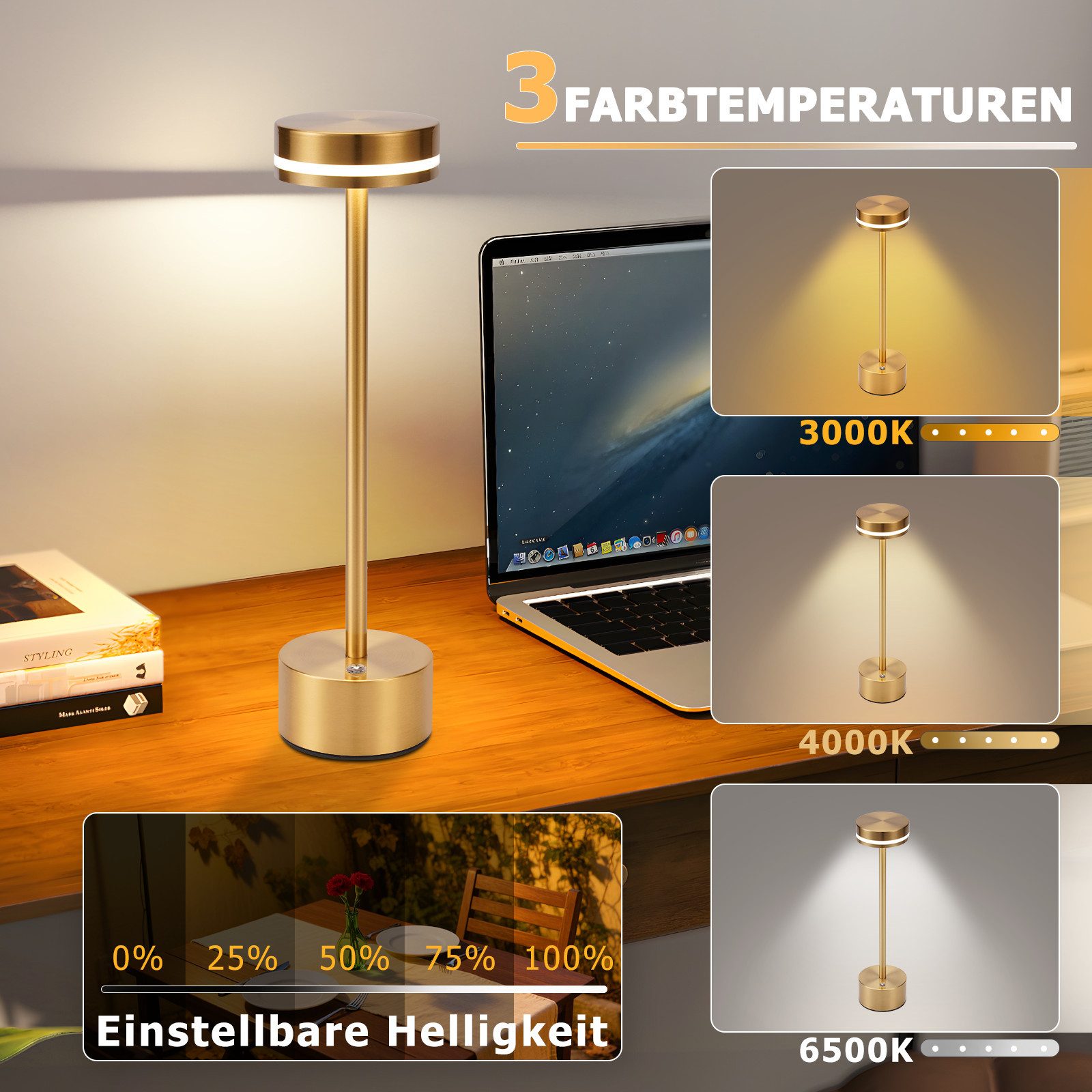 ZMH Tischleuchte kabellose Akku-Lampe und Nachttischlampe mit LED, 3 Lichtfarben, Touch-Steuerung, LED fest integriert, Warmweiß-Neutralweiß-Kaltweiß, mehreren  – Bild 2 von 5