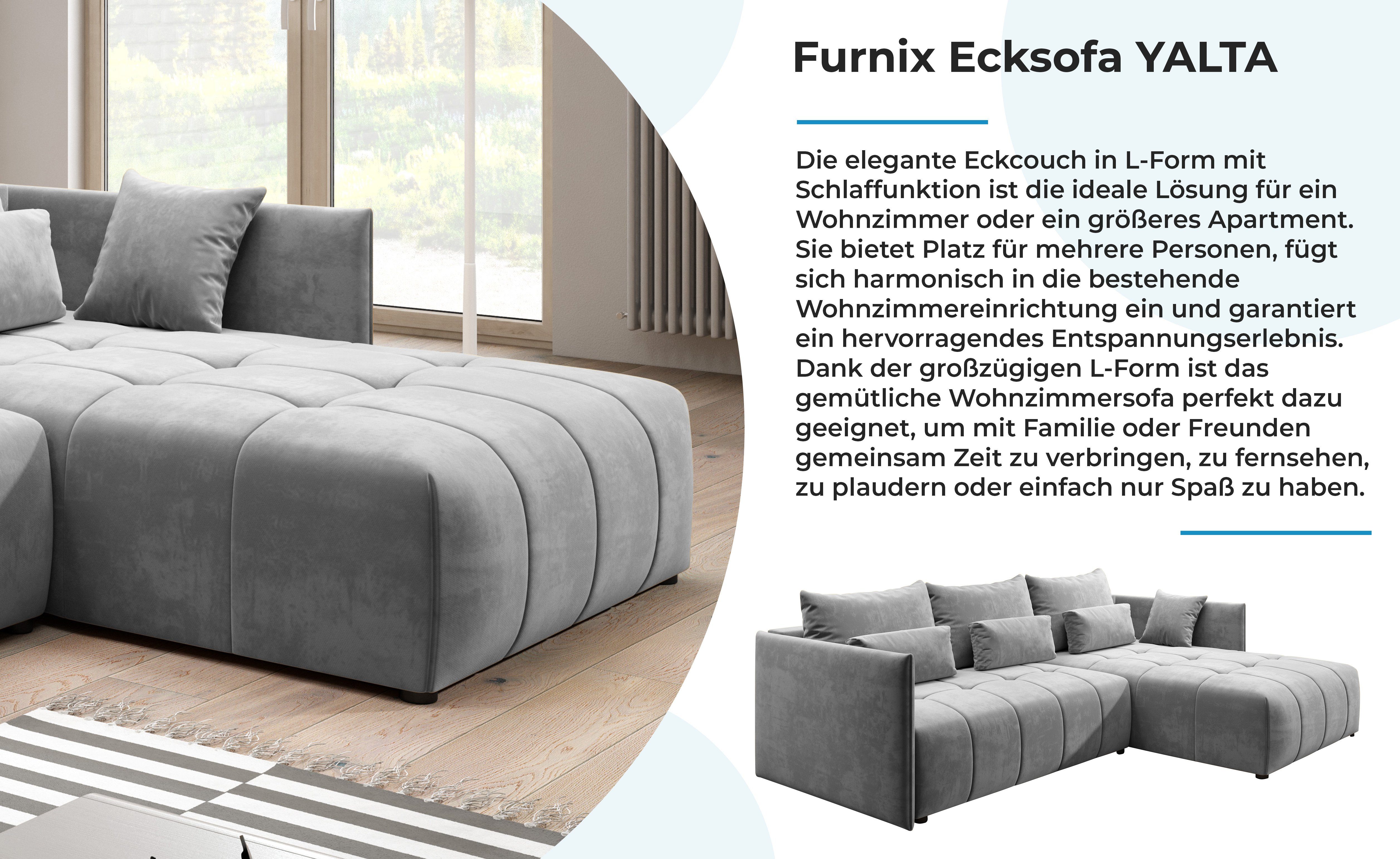 Furnix Ecksofa YALTA Made Kissen, ausziehbar und Europe in Schlafsofa MH mit Bettkasten Couch 84 Hellgrau