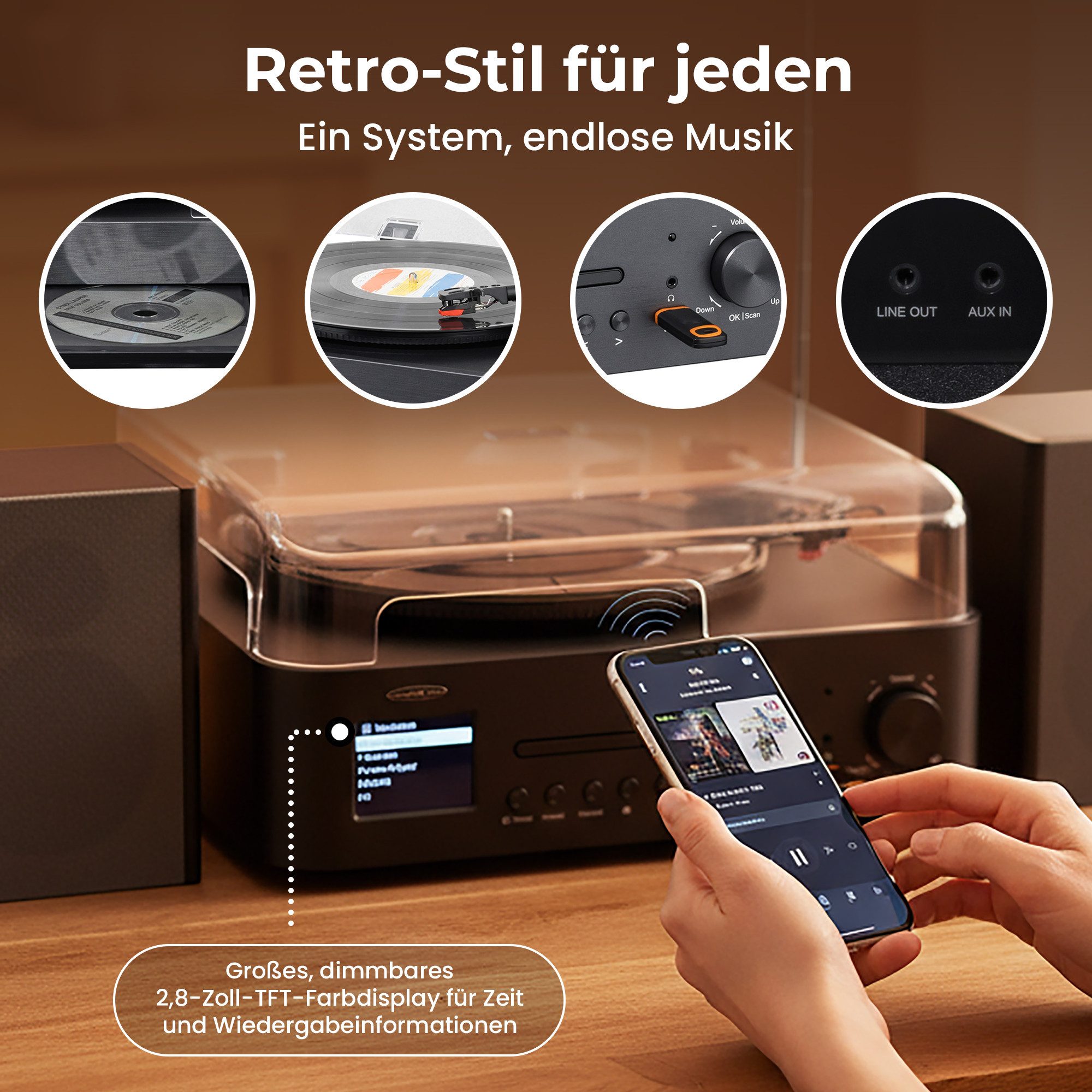 Reflexion HIF2084IR Plattenspieler (Bluetooth, WiFi, DAB+, Internetradio, Bluetooth, CD, Farbdisplay)