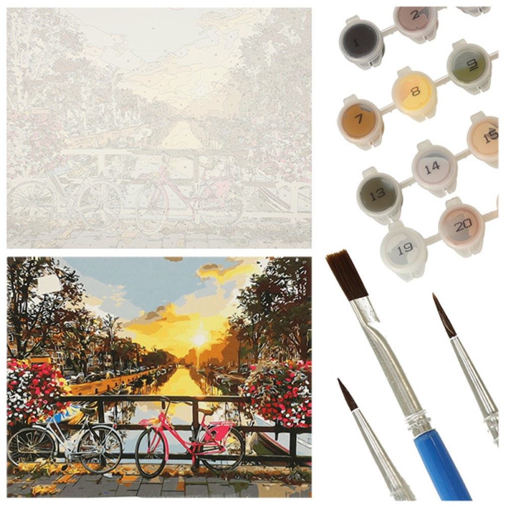 Ikonka Раскрась по номерам Раскрась по номерам Set 40x50cm - Kanal in Amsterdam auf Leinwand (Malen nach Zahlen Set, Раскрась по номерам auf Leinwand Komplett Set), Hochwertiges Amsterdam-Malen-nach-Zahlen: Einfach, entspannt, kreativ