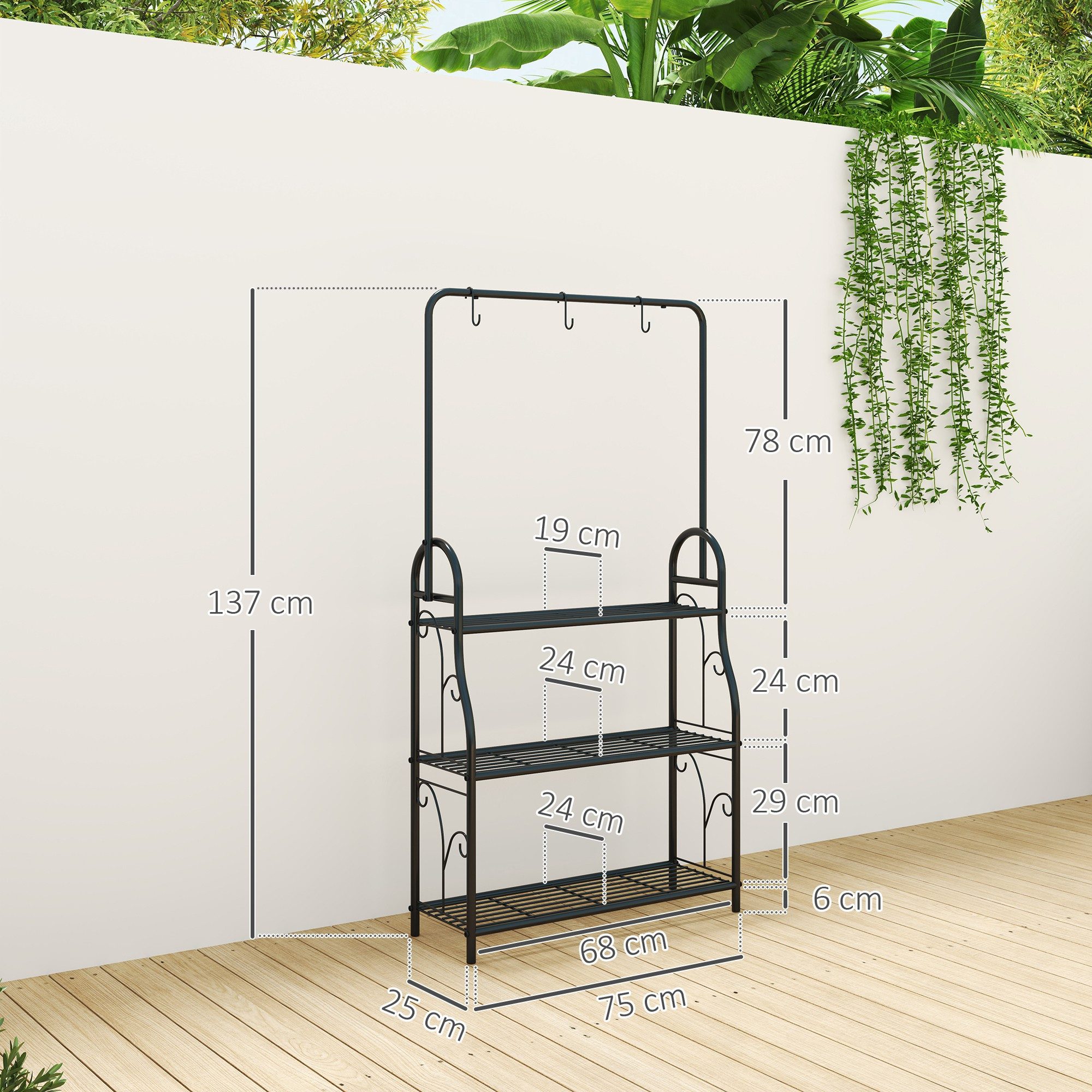 Outsunny Pflanzentreppe mit Hängestange, Haken, für Innen, aus Metall, mehrstöckig (3-Etagen Pflanzenständer, 1 St., Blumenständer), 137cm hoch, für Wohnzimmer, Garten Balkon, Schwarz