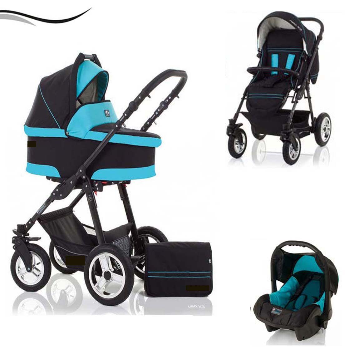babies-on-wheels Kombi-Kinderwagen City Star 3 in 1 inkl. Autositz - 16 Teile - von Geburt bis 4 Jahre in 16 Farben Schwarz-Türkis