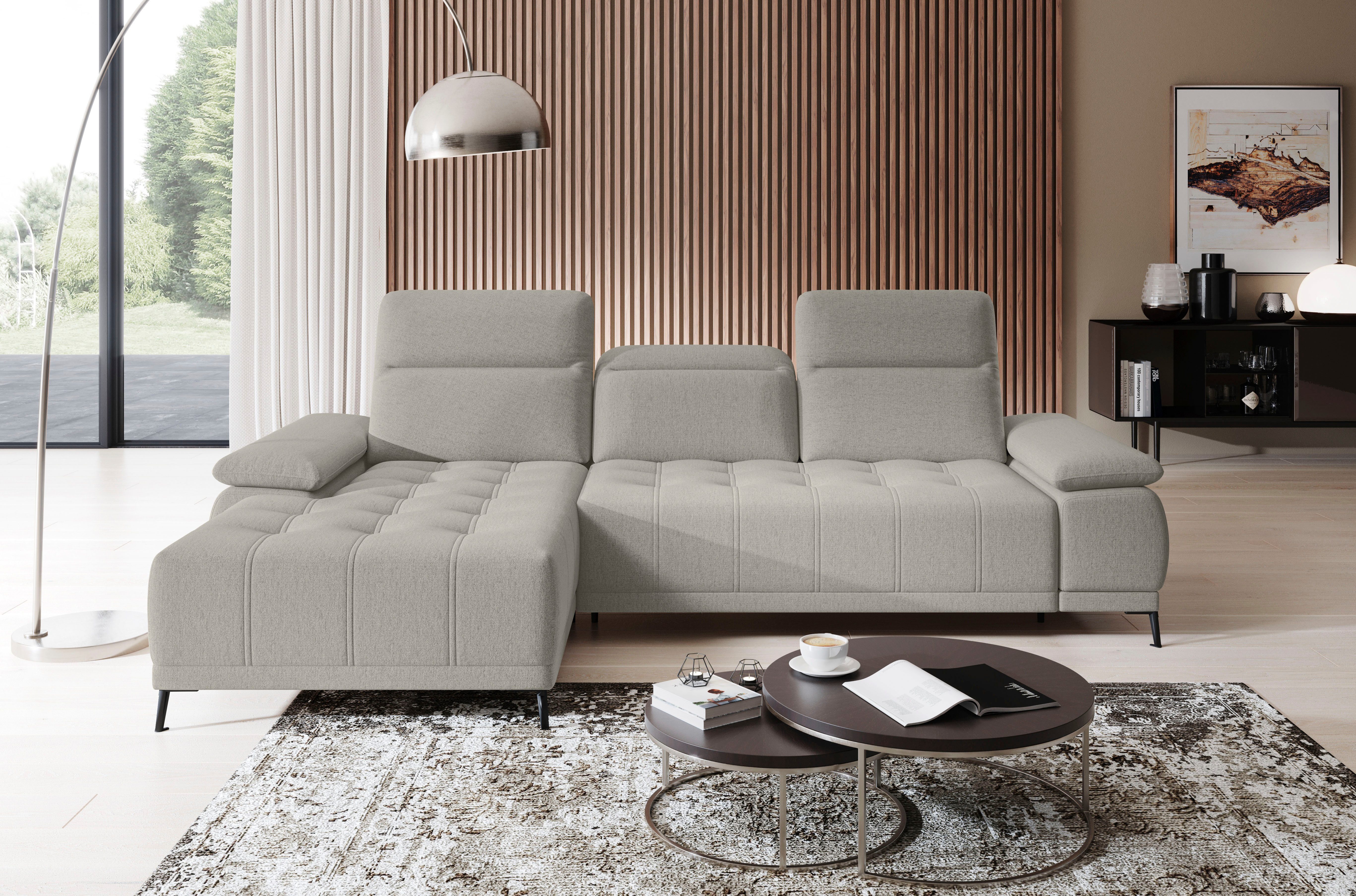WERK2 Ecksofa Focus-S, inkl. elektr. Sitzvorzug, manuelle Kopfteilverstellung, elektr. Sitztiefenverstellung, flexible Kopfstützen, 12cm Füße, L-Form