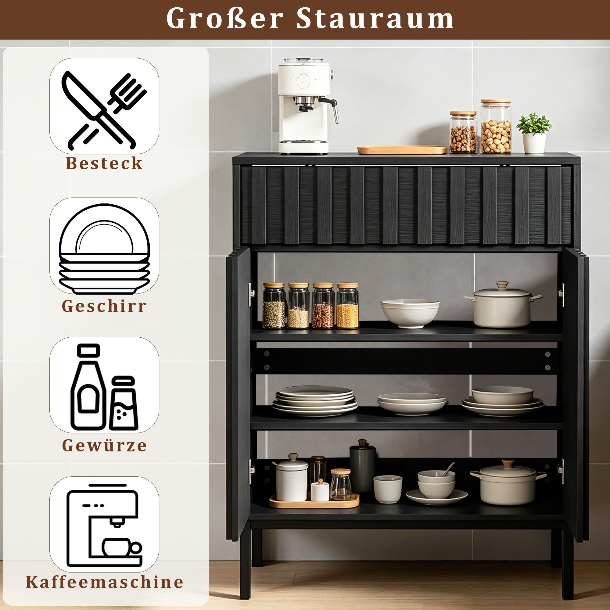 UEV Sideboard mit Schublade & 2Türen, Küchenschrank Buffetschrank Kaffeebar Schrank (Sideboard mit Schublade & 2Türen Schwarz/Natur/Braun), 70x37x88,5 cm, Aufbewahrungsschrank Schrank mit Kippschutz