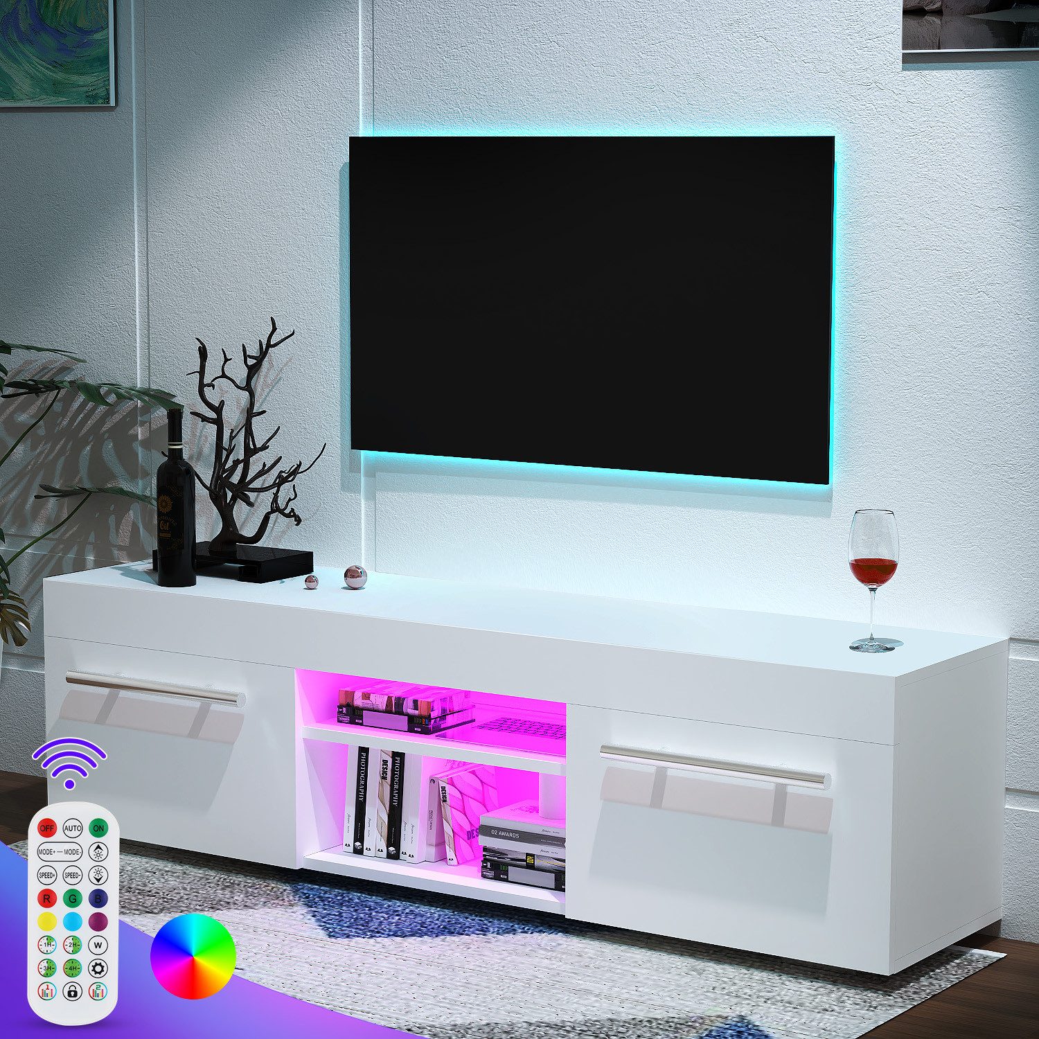 oyajia TV-Schrank Hochglanz TV-Schrank, 130cm Lowboard RGB-Beleuchtung mit 2 Schubladen (Moderne Unterhaltung TV-Board mit 2 offenes Regalfach, Viel Stauraum) TV-Schrank, Solide Schrank mit Griff, Fernsehschrank in wohnzimmer