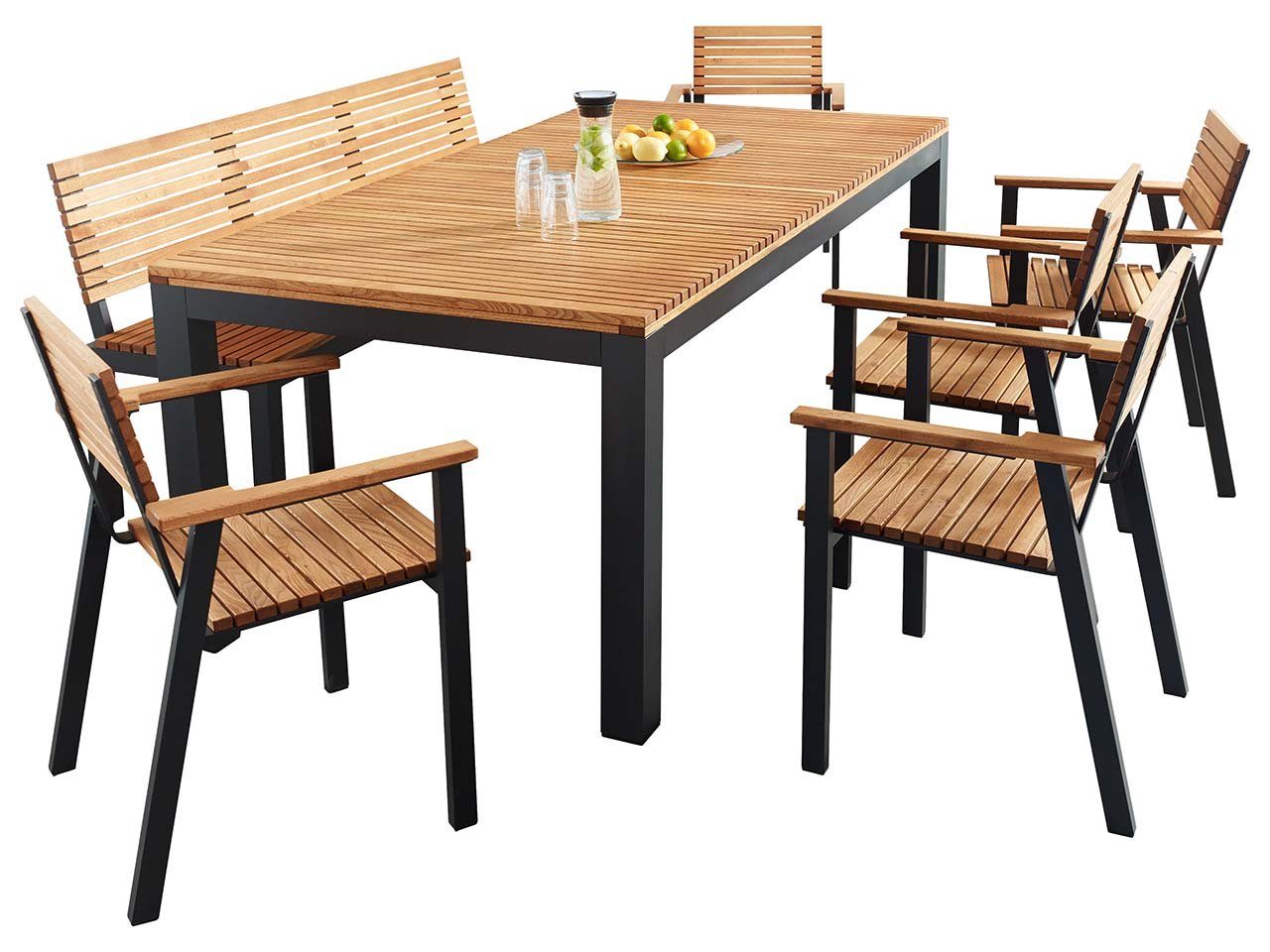 memo Garten-Essgruppe Sassa, (Spar-Set, 7-tlg., Tisch 200 x 100 cm mit 5 Stühlen und Bank), Made in Europe