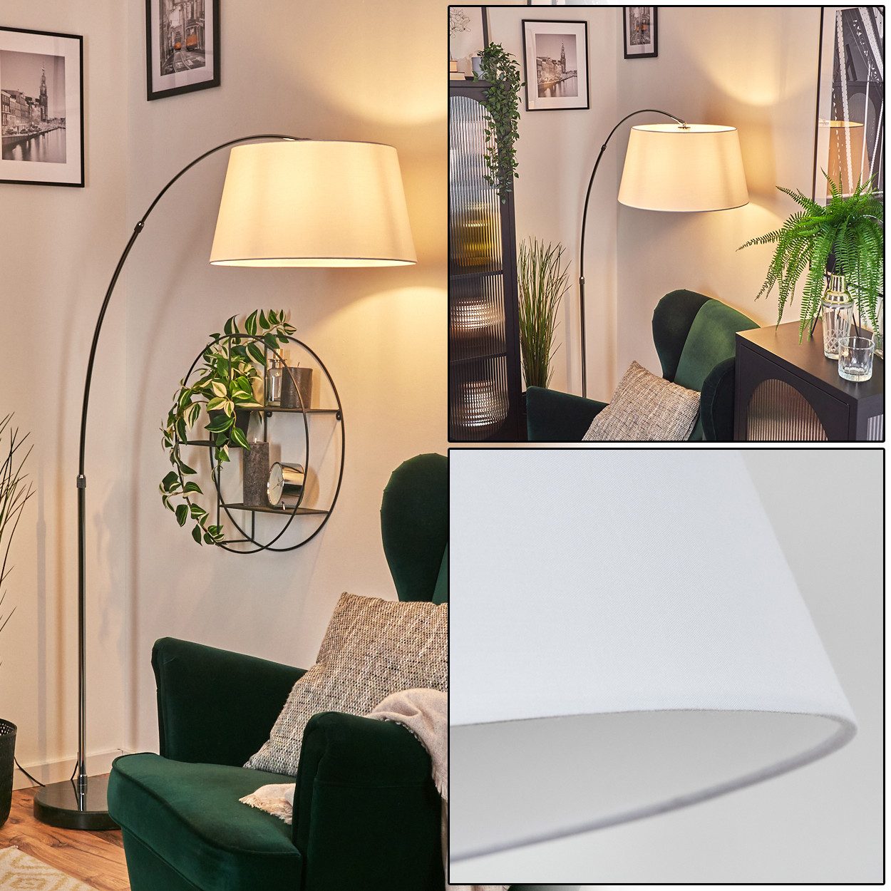 hofstein Bogenlampe Stehlampe aus Metall/Stoff in Schwarz/Chromfarben/Weiß, Stehleuchte mit Marmorfuß, modernes Design (45 cm), Fußschalter, E27