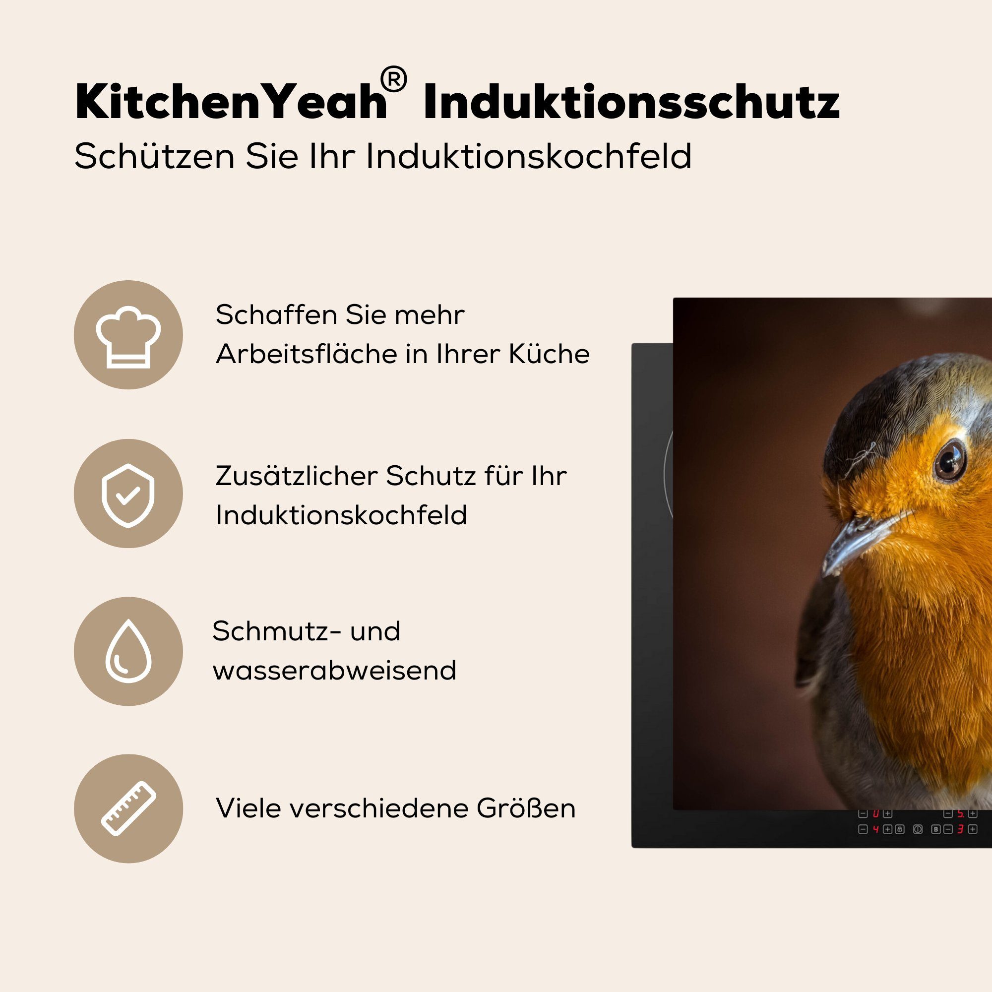 MuchoWow Herdblende-/Abdeckplatte Rotkehlchen - die 59x52 Induktionsmatte für (1 Vogel, - küche, tlg), cm, Ceranfeldabdeckung Porträt Vinyl