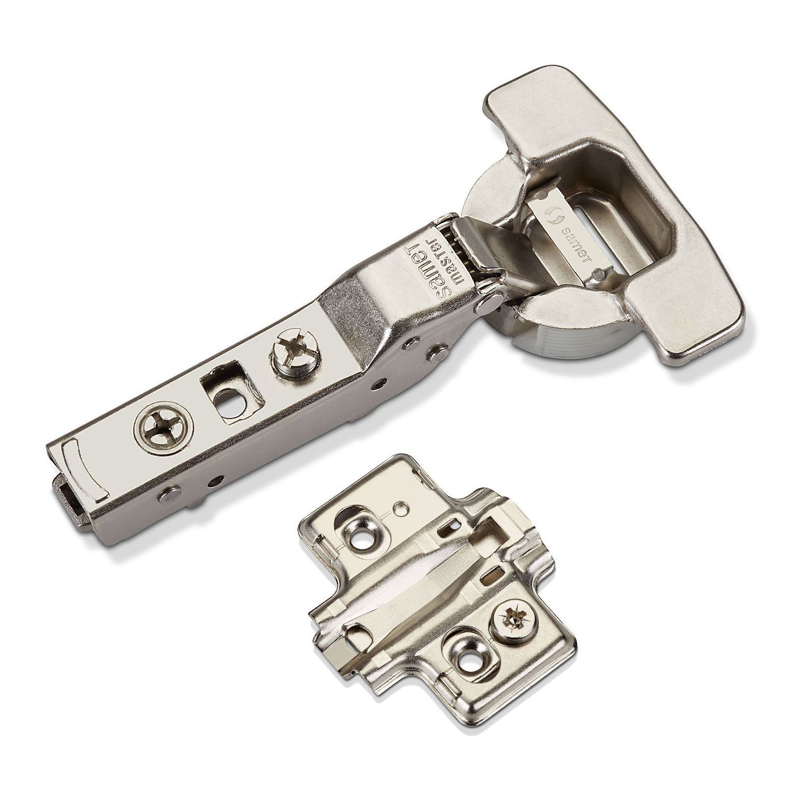 SO-TECH® Möbelbeschlag Topfband Master Toolless T45 inkl. Kreuzplatte mit Langlochv (2 St), Eckanschlag 110° ungedämpft, werkzeuglose Topfmontage