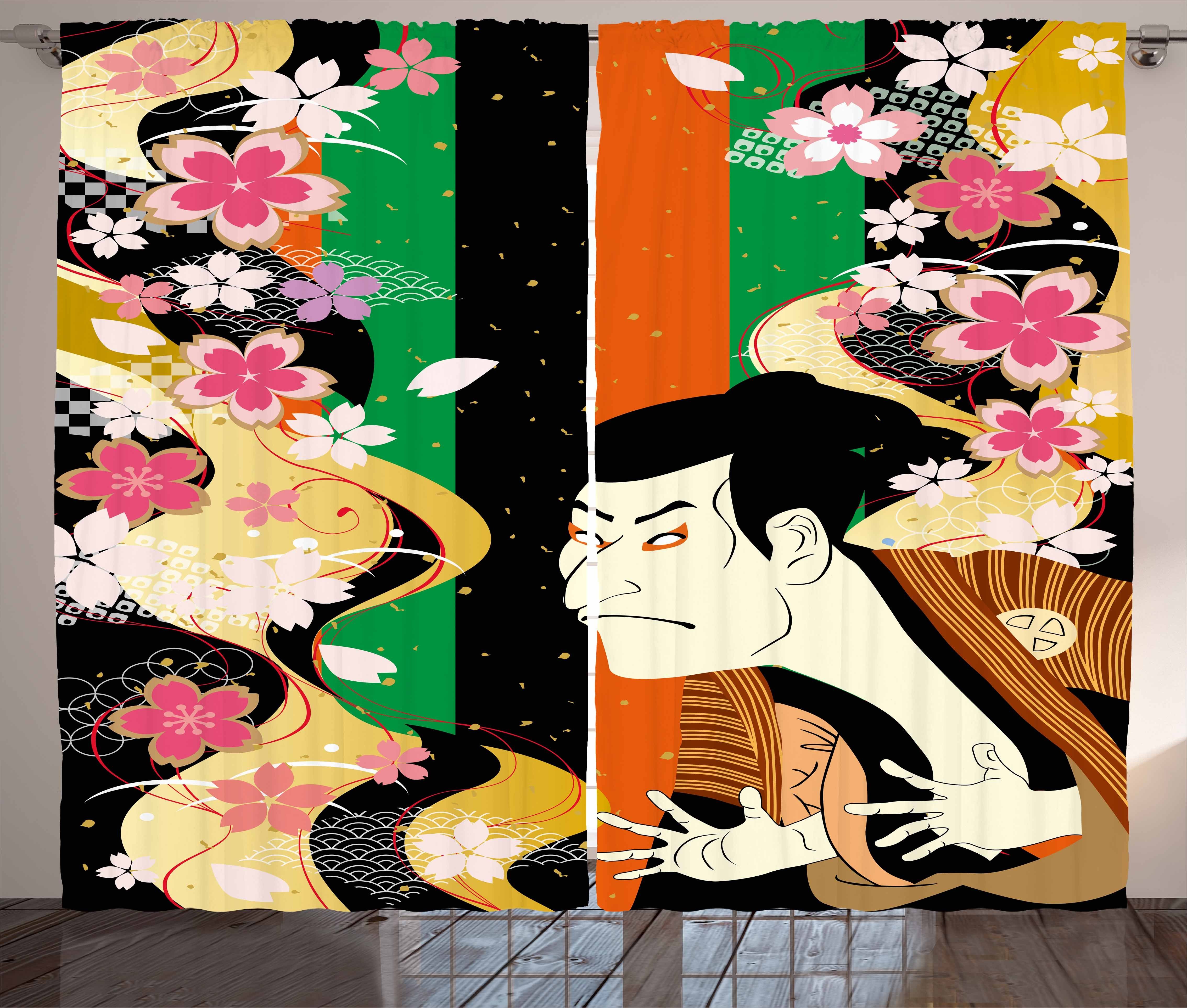 Vorhang Kräuselband und Schauspieler Abakuhaus, Sakura-Blüten Schlaufen Haken, Kabuki-Maske Gardine Schlafzimmer mit