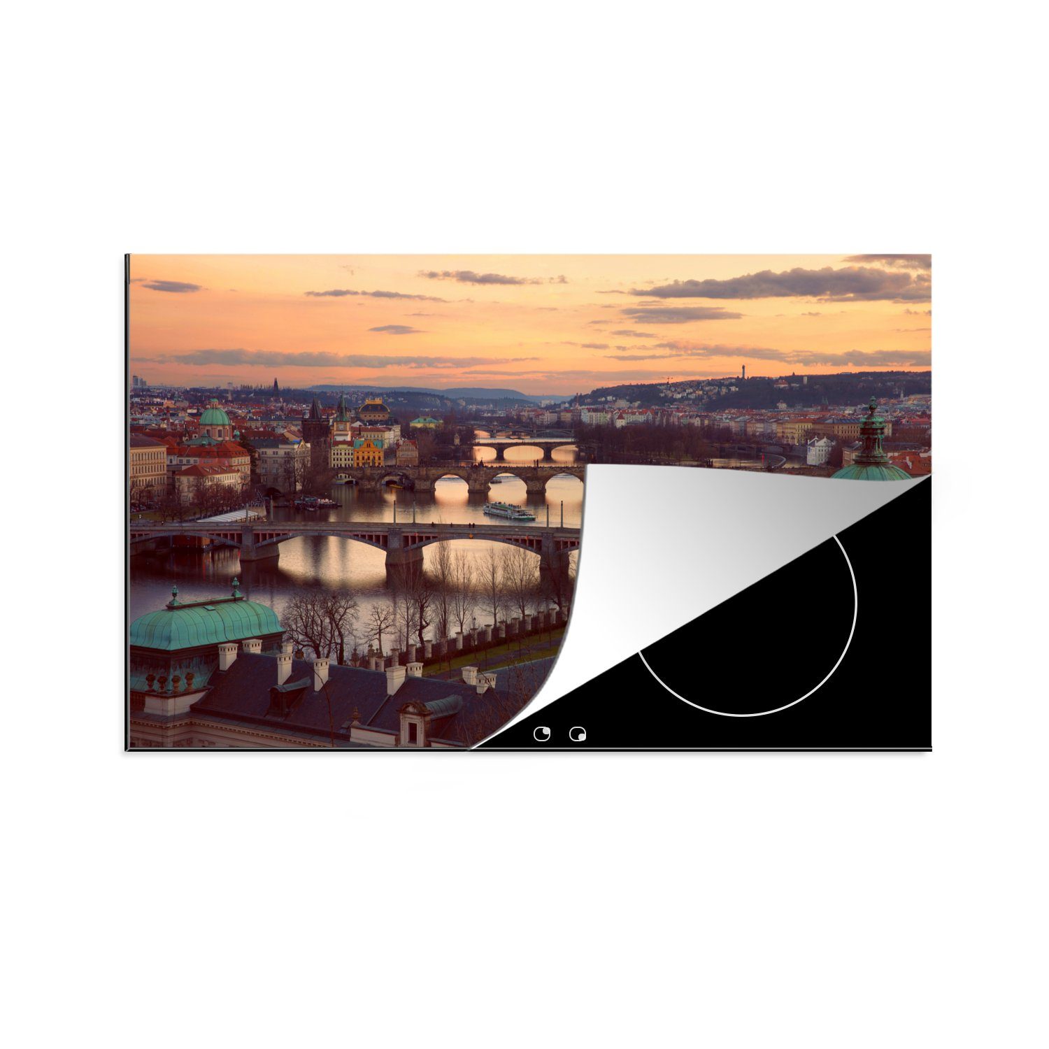 MuchoWow Herdblende-/Abdeckplatte Sonnenuntergang - Prag - Brücken, Vinyl, (1 tlg), 83x51 cm, Ceranfeldabdeckung, Arbeitsplatte für küche