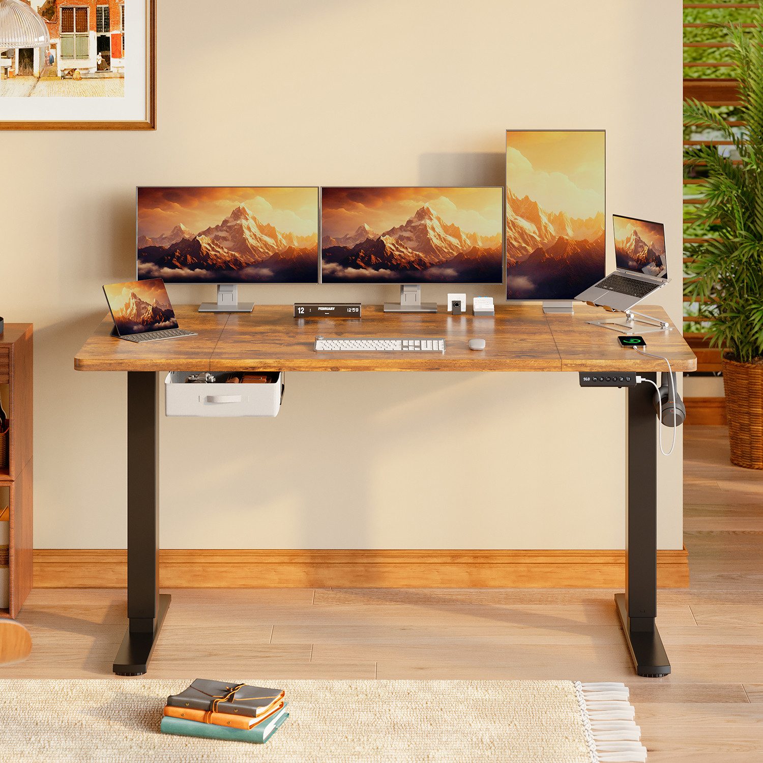 HOMALL Schreibtisch mit Memory-Funktion, höhenverstellbar, breitere Tischplatten (Tischbreite 140/160/180*80 cm, mit Schublade, ausgestattet mit USB-Ladeanschluss, bestehend aus vier Platten)