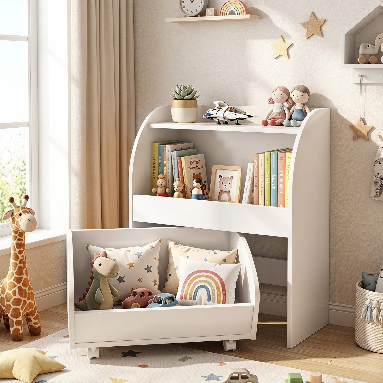 COSTWAY Kinderregal, Bücherregal Kinder aus Holz mit Schublade auf Rollen