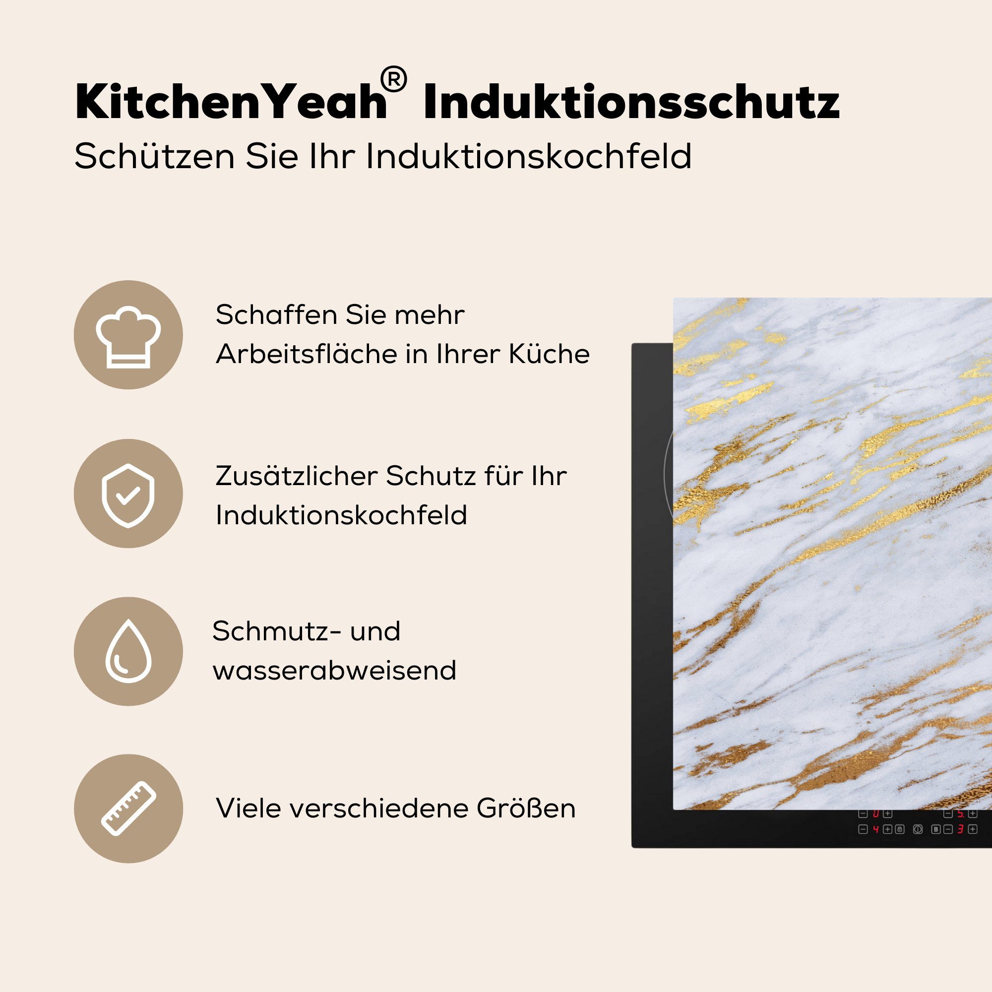 MuchoWow Herdblende-/Abdeckplatte Marmor - Vinyl, Gold Weiß küche Arbeitsplatte Textur, - tlg), für Ceranfeldabdeckung, cm, (1 - 78x78