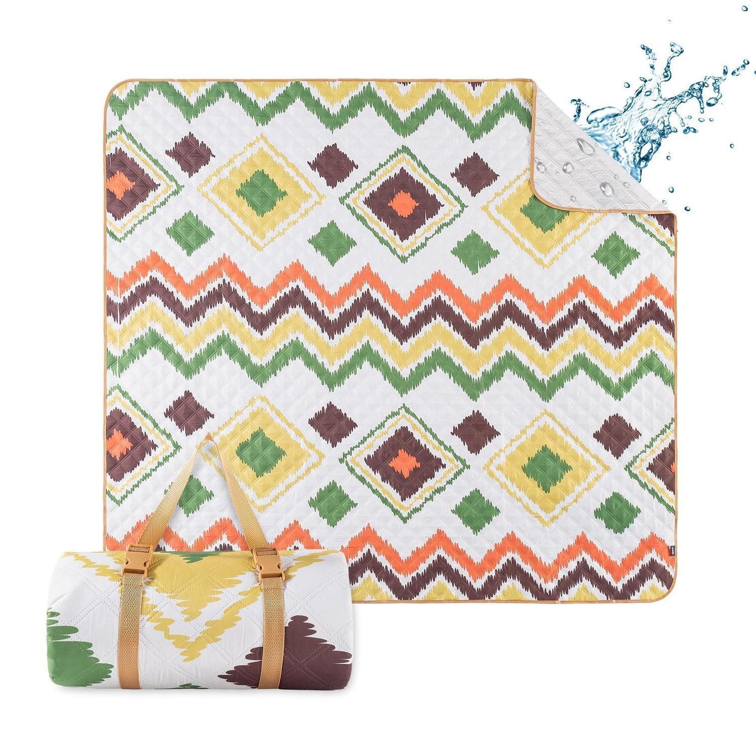 Picknickdecke Stranddecke 200x200 cm wasserdicht waschbar Tragegurt Boho Grün, LuxusKollektion