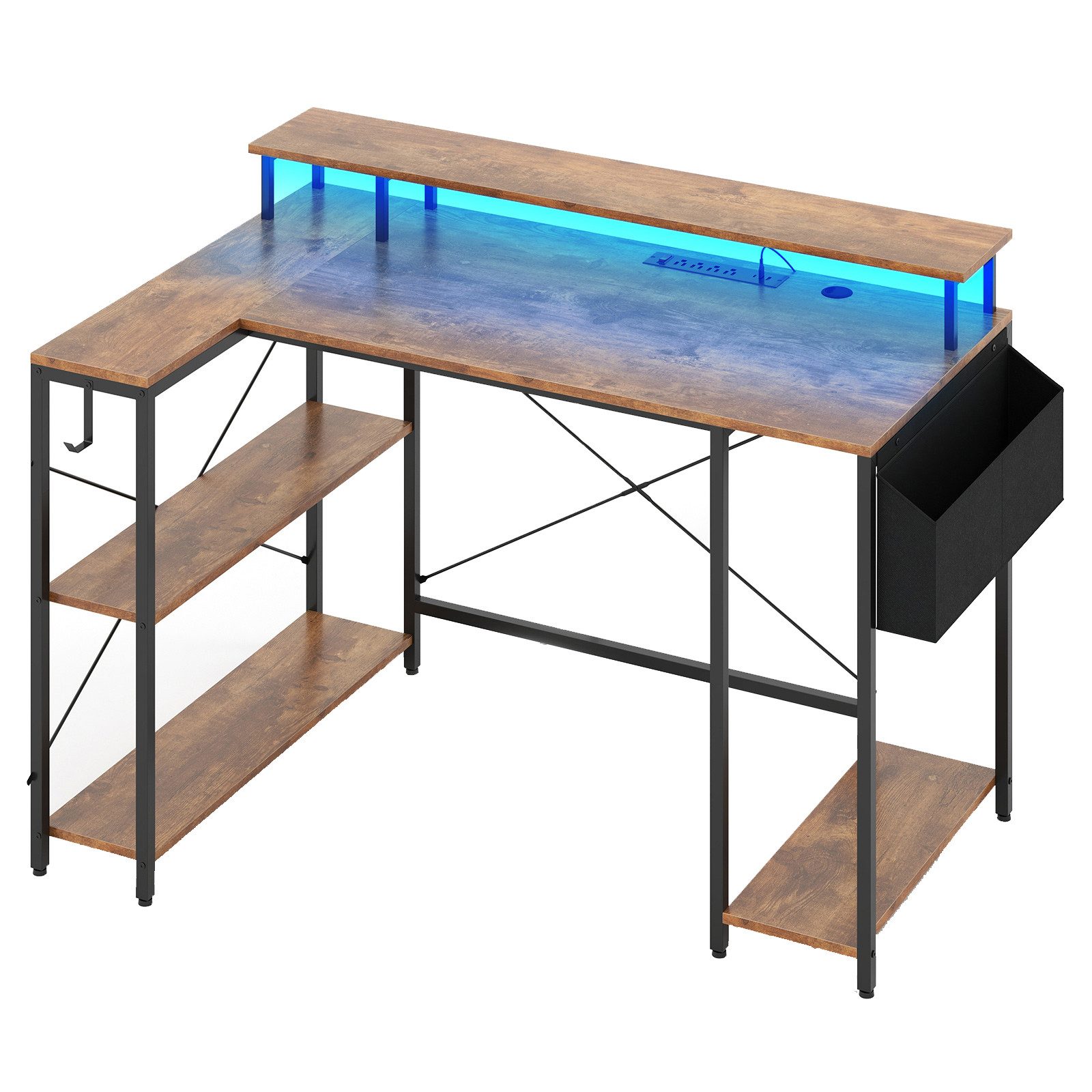 COSTWAY Computertisch, mit Steckdosen, LEDs, Monitorständer, Regalen & Tasche
