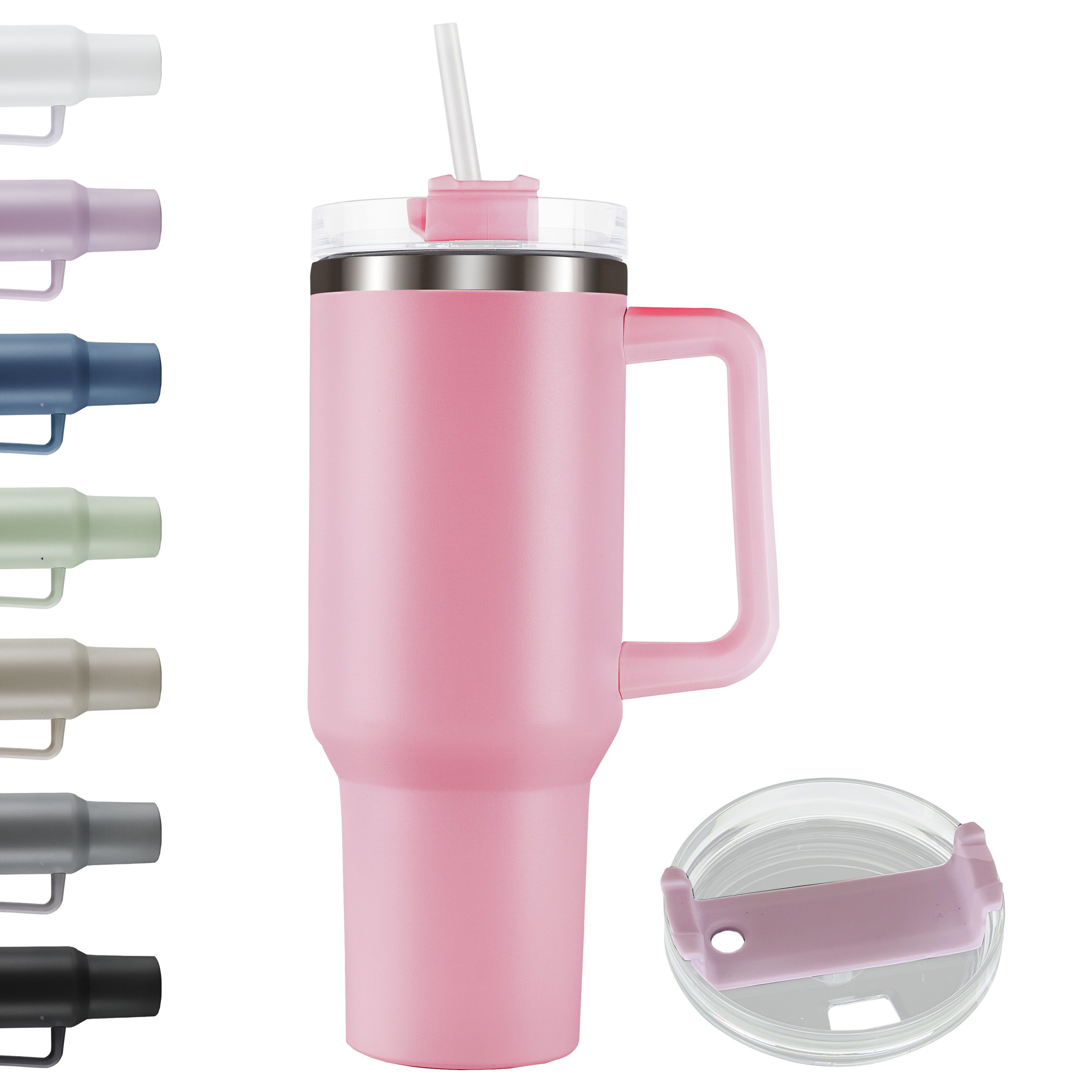 Roomando Thermobecher Becher mit Henkel Strohhalm Edelstahl Autobecher Kaffeebecher rosa