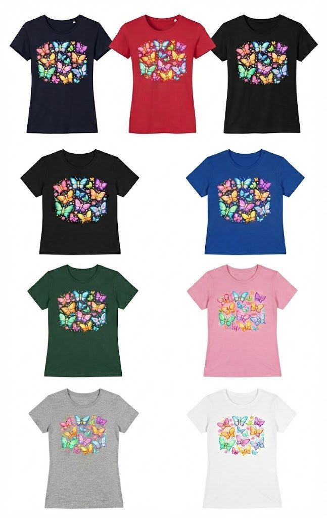 Blondie & Brownie T-Shirt Colorful Butterflies Damen Tee Frontprint Baumwolle Rundhals Print (Einzelstück, Einzelartikel) Colorful Butterflies Damen Tee Blütenzauber Print