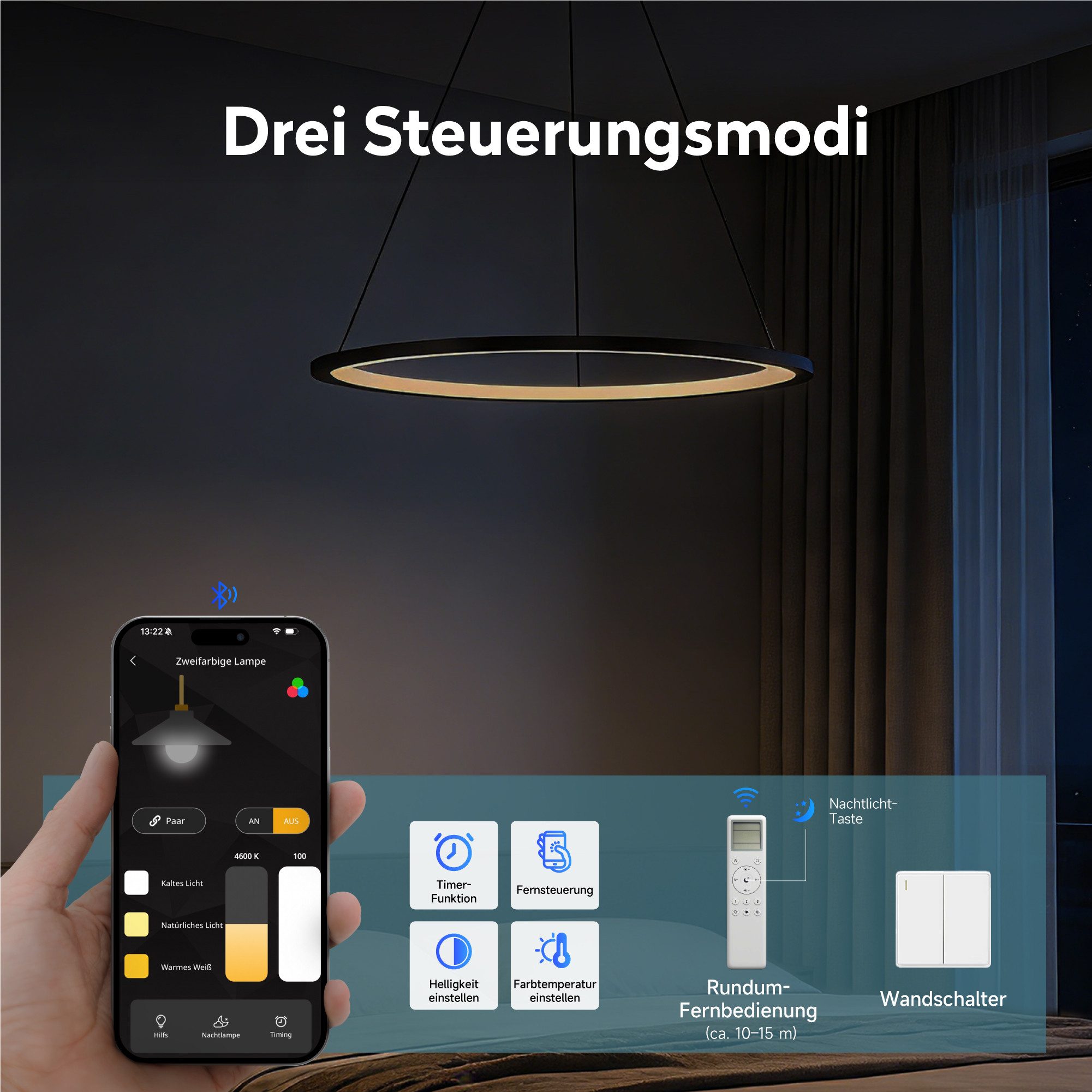 doporro Pendelleuchte Pendellampe Hängeleuchte höhenverstellbar stufenlos dimmbar Luvina01, Farbtemperatur von 3000–6000K einstellbar, LED-Pendellampe – Bild 4 von 5