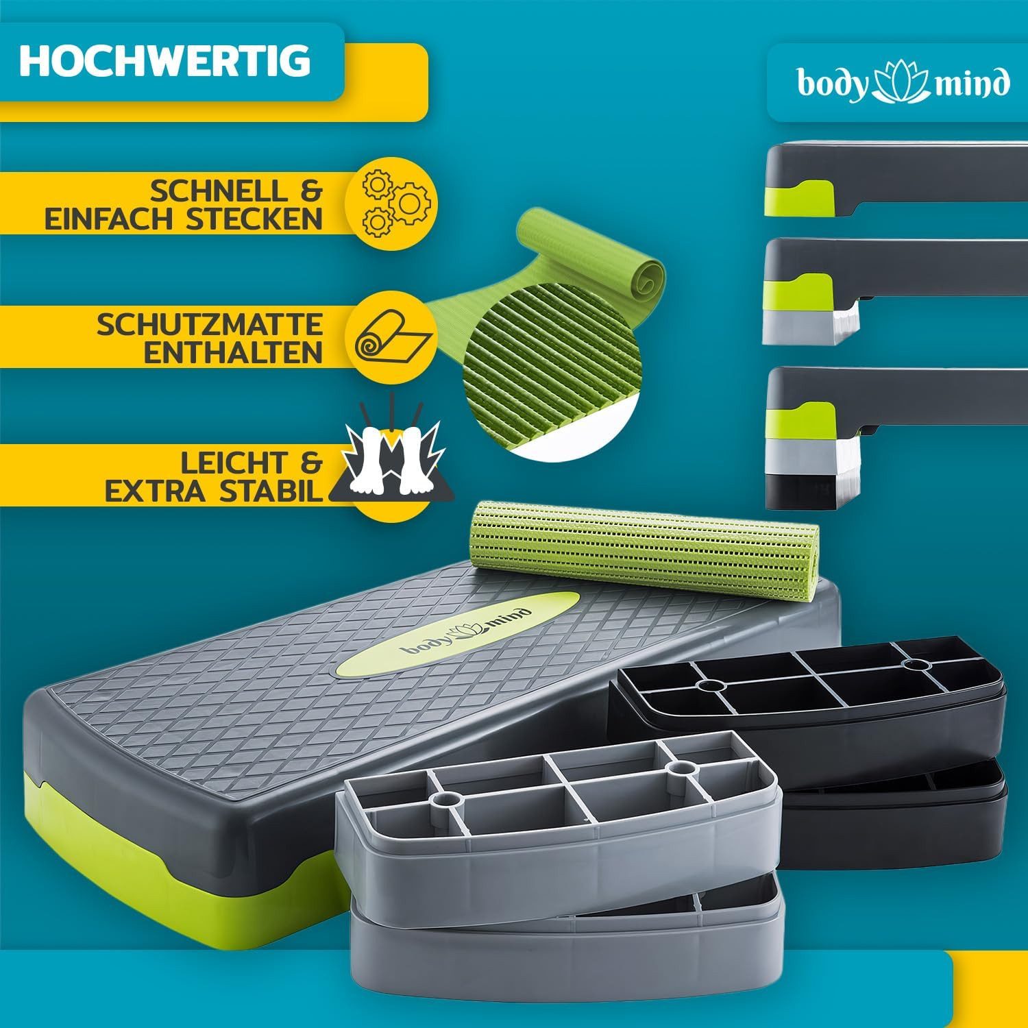 Body & Mind Stepper 3-Step Aerobic Stepper –Rutschfestes Steppbrett für Fitness & Training (Elite-Board, Mehrstufig), Anti-Rutsch-Matte