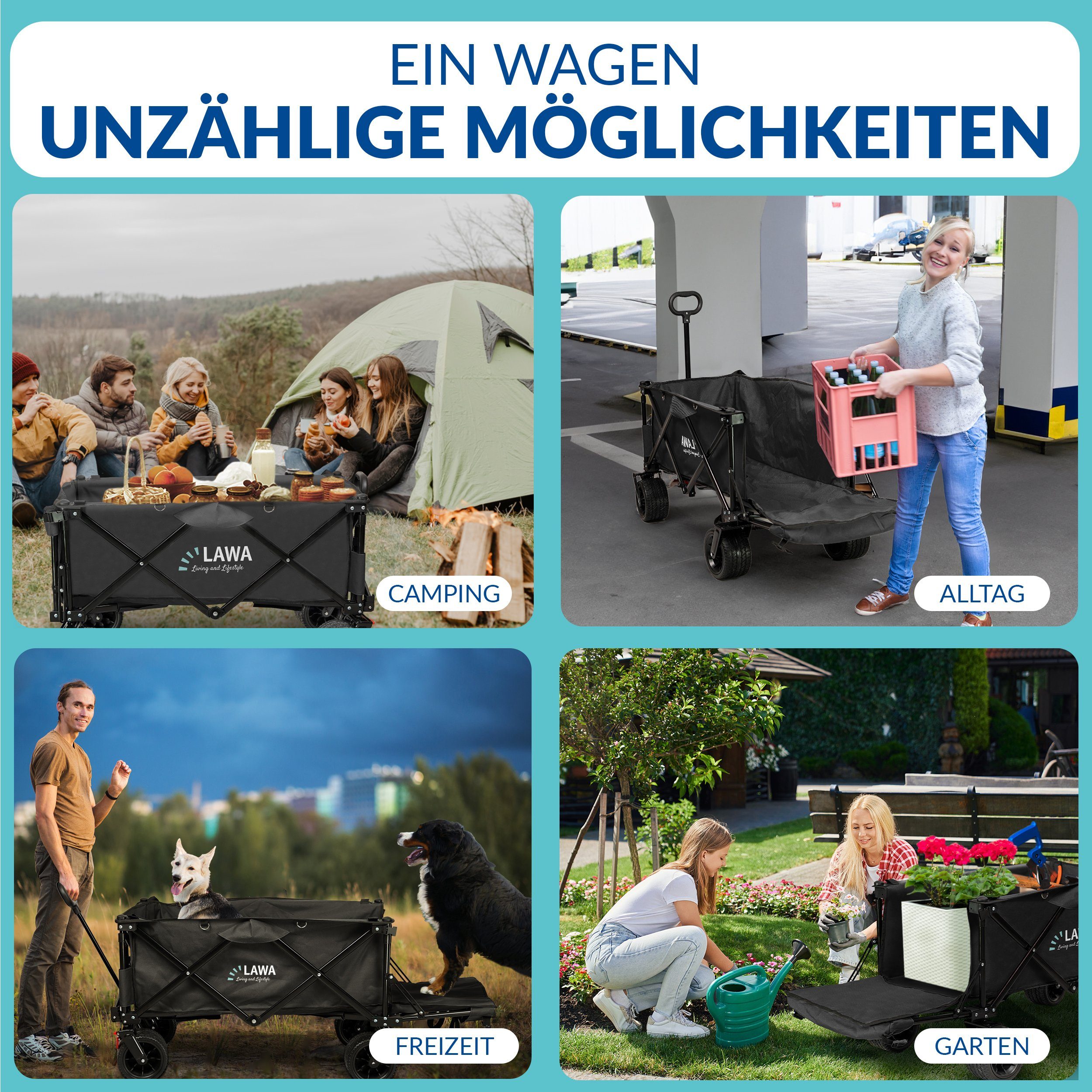 LAWA Living and Lifestyle Bollerwagen faltbar klein 100kg Traglast Handwagen mit Bremse verlängerbar (12,4kg leicht), mit Heckklappe, sehr kleines Packmaß, klappbar, ohne Dach, Schwarz