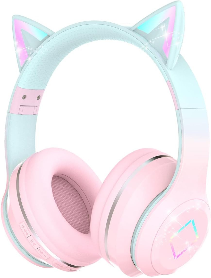 Xunpuls Niedliche mit LED-licht Katzenohren & Mikrofon,HD Stereo Sound,faltbar Kinder-Kopfhörer (Flexibler 2-in-1-Modus: Kabellos per Bluetooth oder kabelgebunden mit 3,5-mm-Klinke. Kompatibel mit Tablet, PC, Smartphone und mehr. TF-Kartensteckplatz für MP3- oder MP4-Wiedergabe., Bluetooth, Kristallklarer Klang durch hochwertige 40-mm-Treiber für Hörerlebnis)