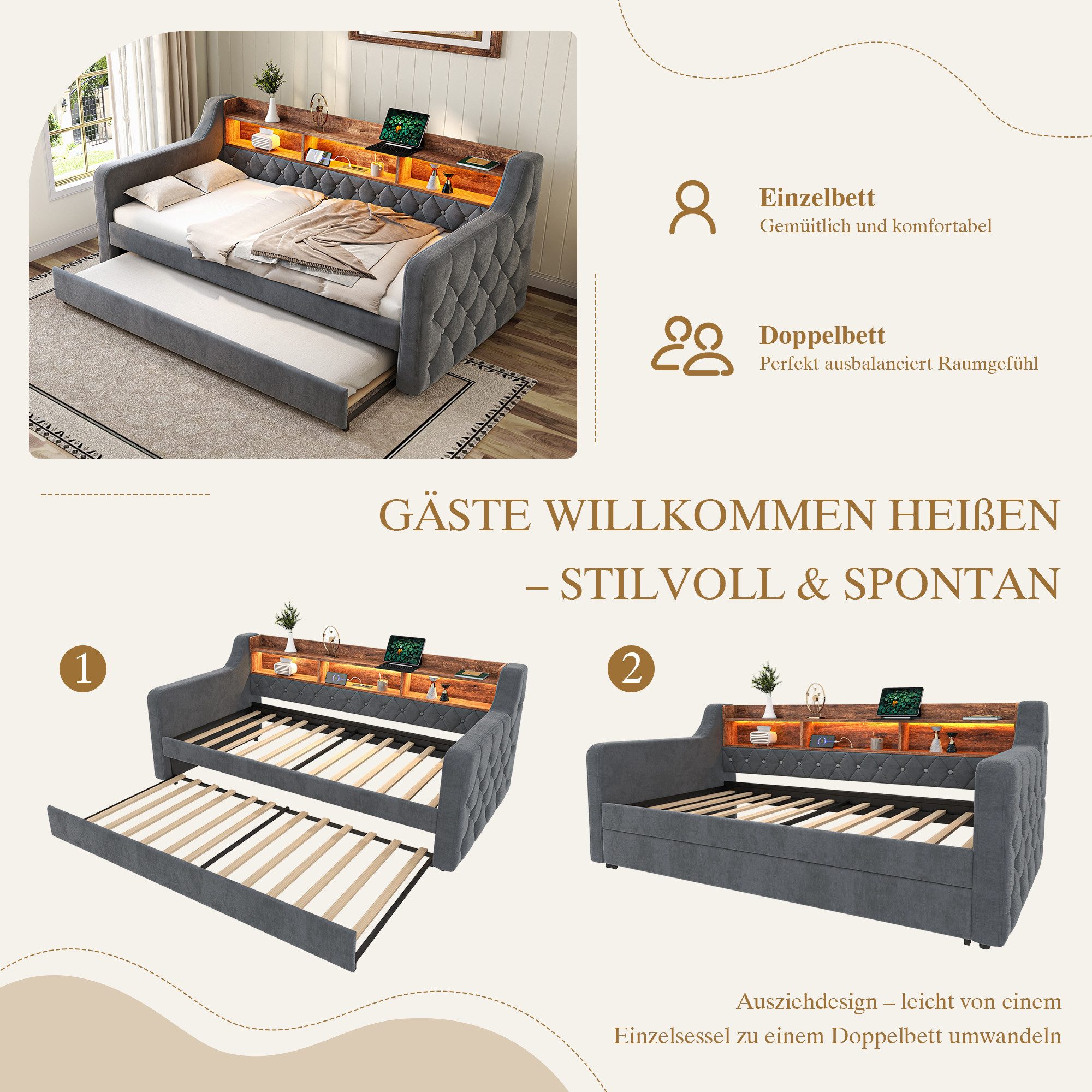 Celya Polsterbett Schlafsofa aus Samt mit Stauraum (ohne Matratze mit LED-Ambiente und USB-C-Anschluss), Ideal für Schlafzimmer, Gästezimmer oder Jugendzim – Bild 3 von 5