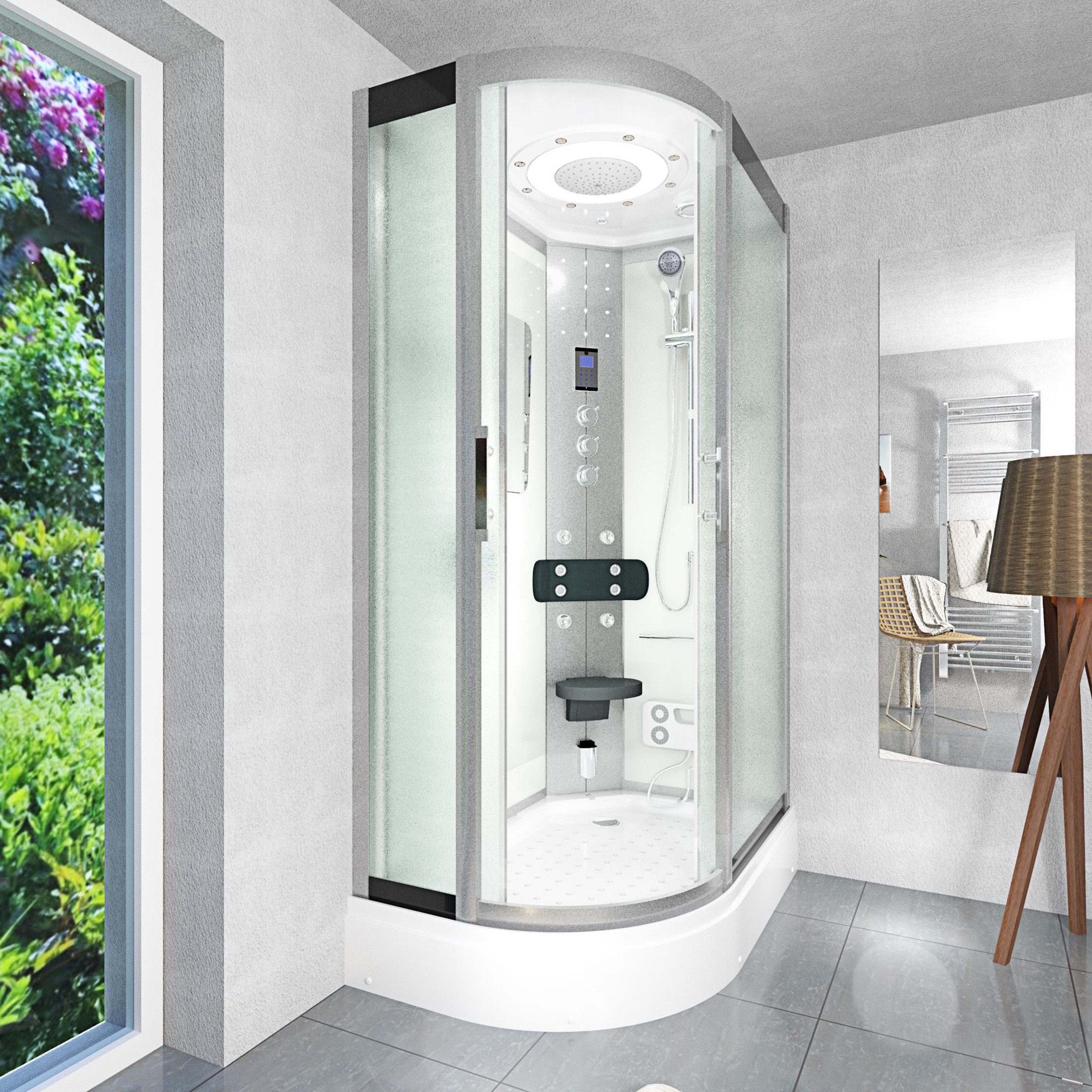 AcquaVapore Dampfdusche Dusche DampfduscheD60-70M3L-ALL Weiß 120x80, Sicherheitsglas ESG, Höhenverstellbar, Mit Bauanleitung, Mit Beleuchtung, Mit Spiegel, Gehä