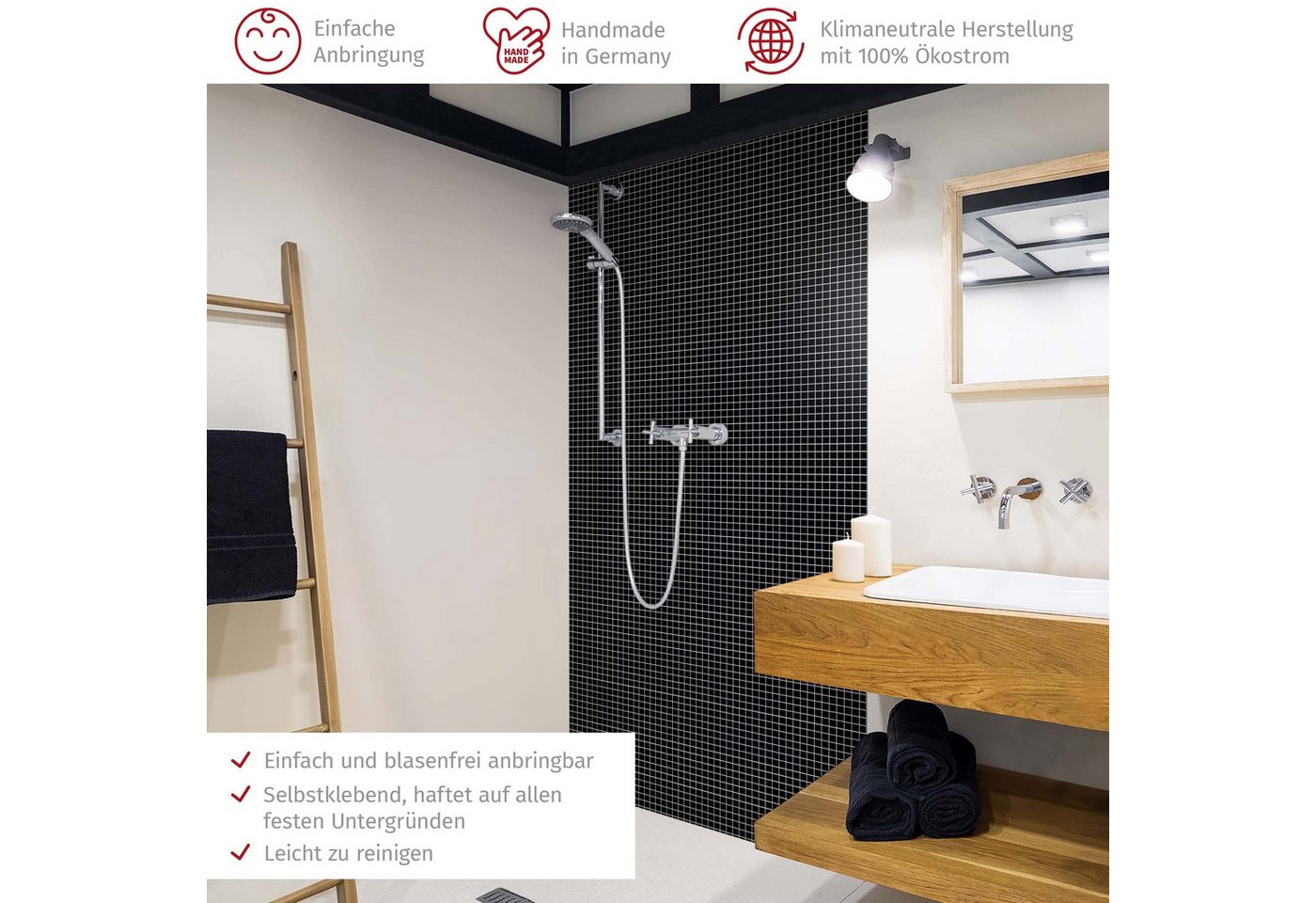 Thumbnail - Bilderdepot24 Badrückwand Mosaik schwarz Badrückwand ohne Bohren Fliesenoptik, (1-tlg., Hart-Folie Smart matt 0,35 mm), ...