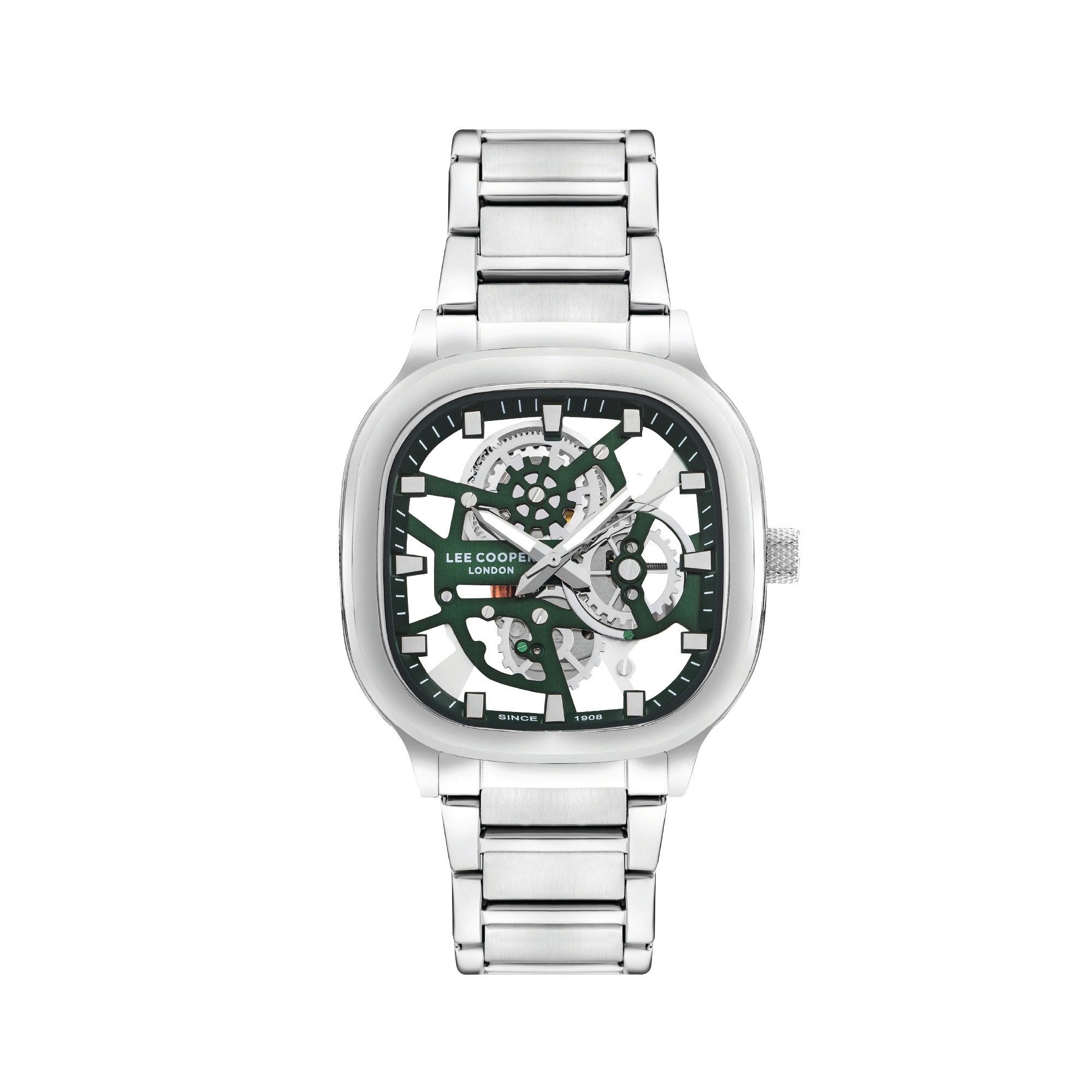 Lee Cooper Quarzuhr Herrenuhr mit Metallarmband, 42 mm, Herren Armbanduhr grünes Zifferblatt, silber – LC07974.370, Mineralglas, 5 ATM, inkl. Geschenkbox