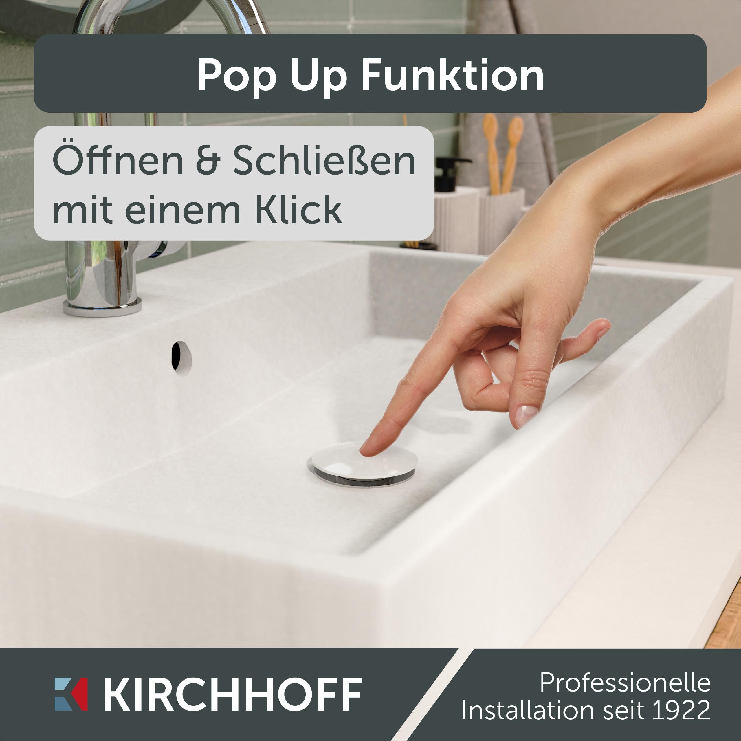 Kirchhoff Ablaufventil Design-Ablaufventil mit Überlauf, Ablauf Senkrecht, [1 1/4", Packung, Ablaufventil für Waschbecken & Waschtisch, Pop Up Ventil, Push-Open