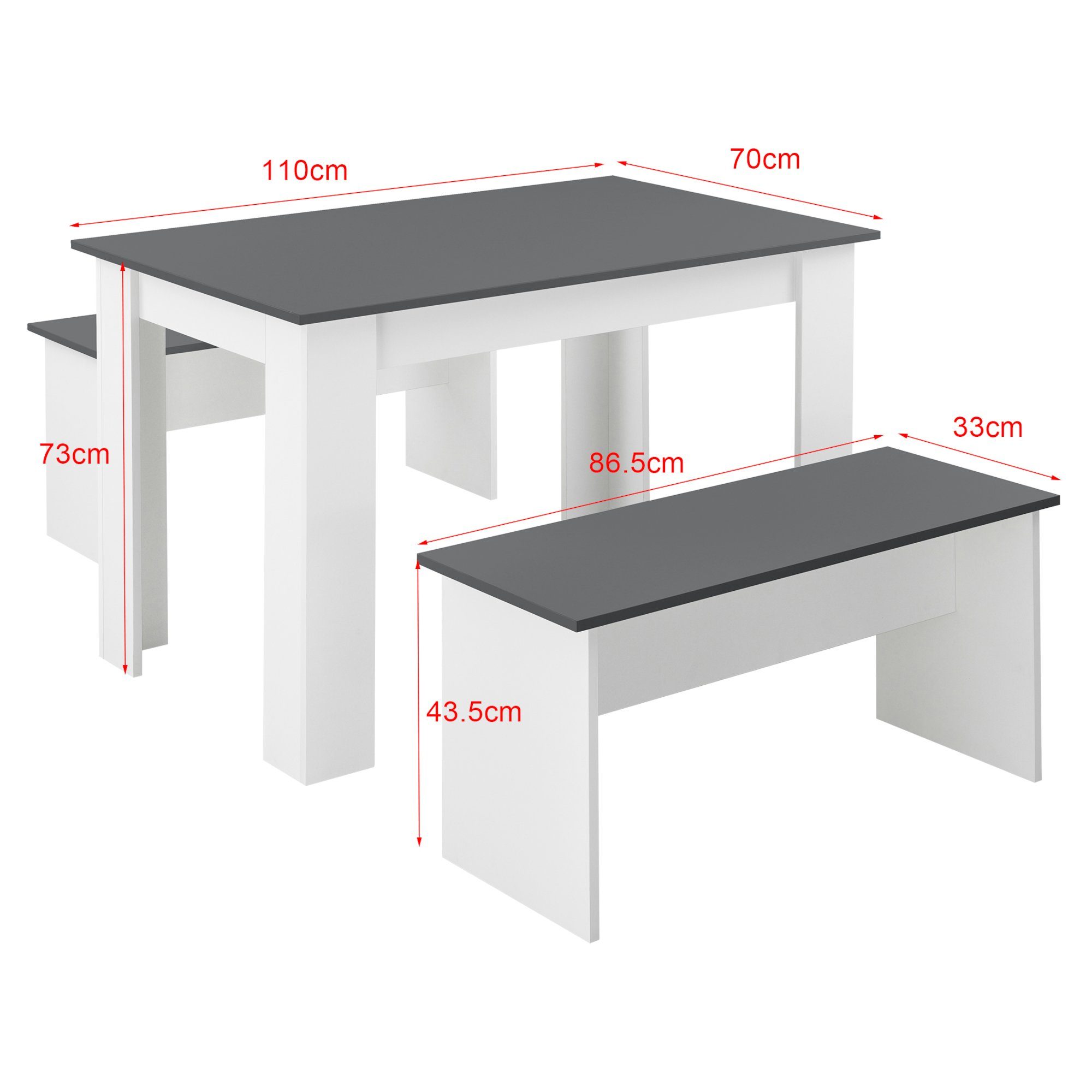 2 grau Grau (3-tlg), Sitzbänken | mit Essgruppe, »Hokksund« - weiß Sitzgruppe Esstisch / Weiß 110x70cm grau en.casa