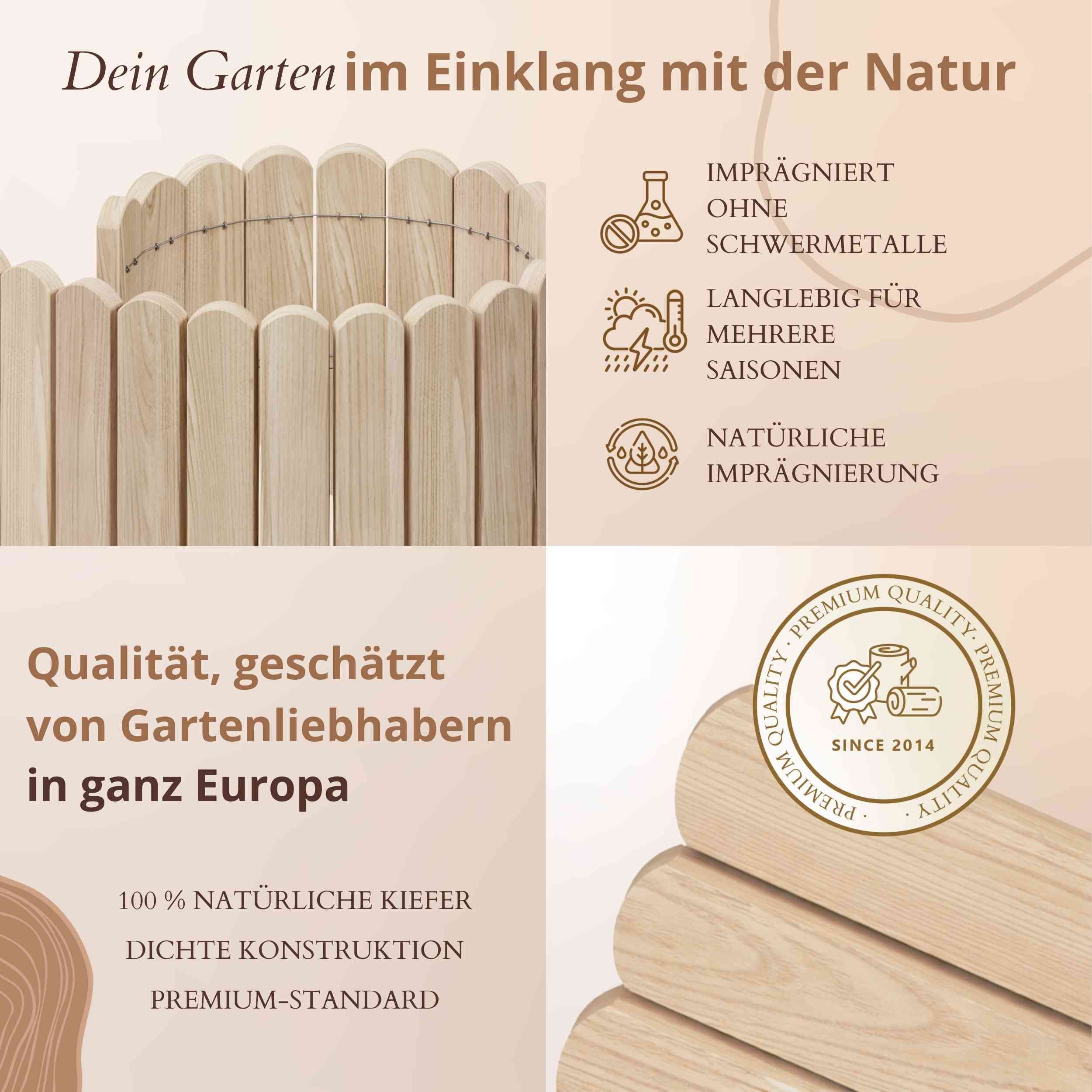 Floranica Palisade Flexible Rasenkante Rollborder Beeteinfassung Beetumrandung Holzzaun, LxH: 100x10 cm, Unbehandelt, Dekozaun Umzäunung von Blumenbeeten Kräutergarten Wege Rasenbegrenzung